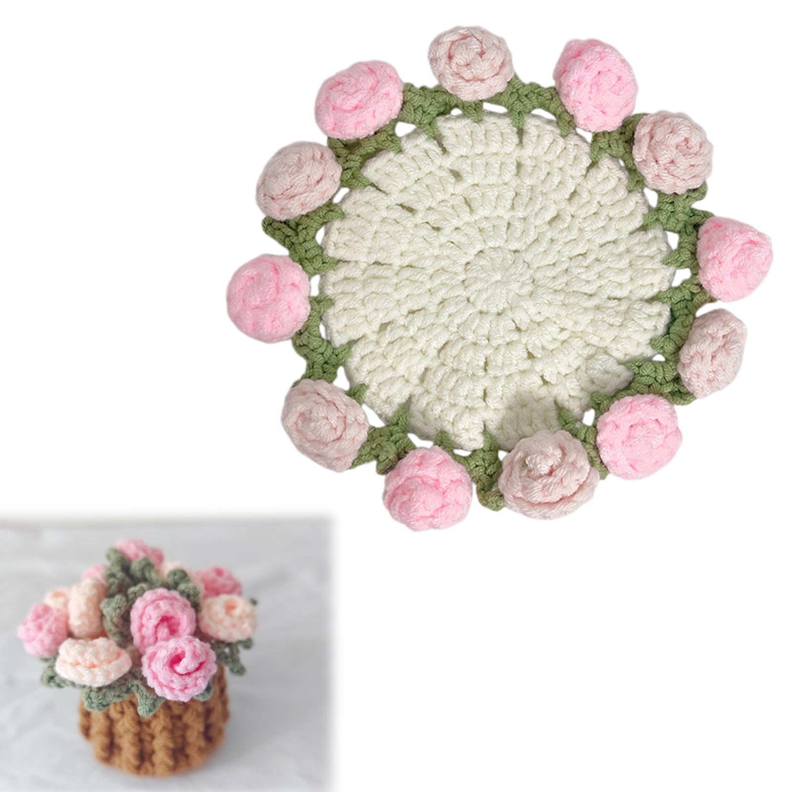 Crochet Coasters with 3D Rose and Flower Pots Lovely Decorative Accessories Warm Insulation Placemat Elegant Offices Desk Accessory