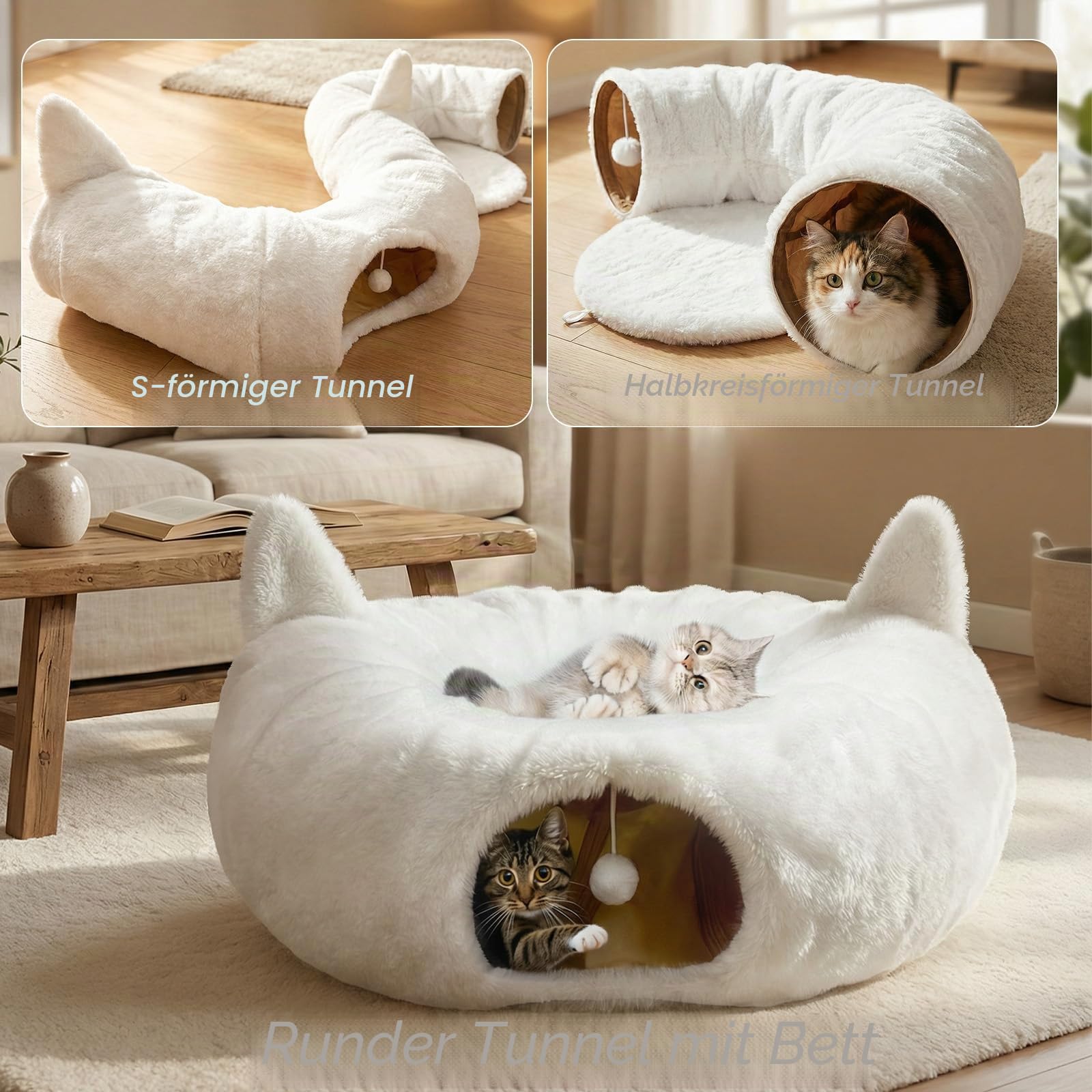 Katzentunnelbett für Indoor-Katzen, weiches Plüsch, rund, Peekaboo-Katzenbett, Höhle mit waschbarem Kissen, unter Weihnachtsbaum, Katzen-Donut-Tunnel, Spielzeug für Kätzchen, Kaninchen, Welpen
