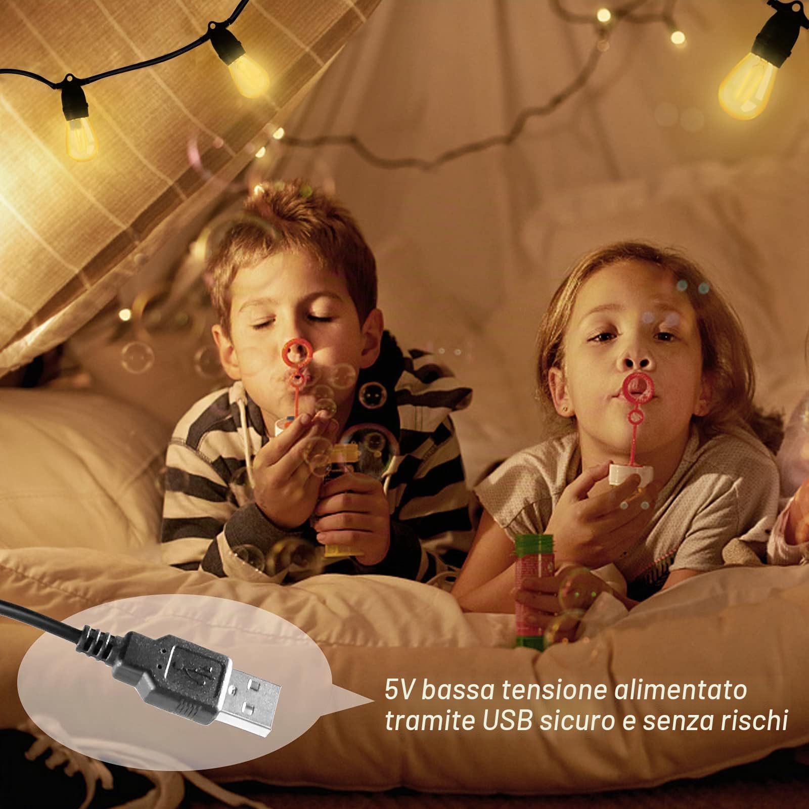Luci a stringa USB per esterni, 24,6 m, S14, infrangibili, impermeabili, dimmerabili, da campeggio, con 10 lampadine Edison da 1 W, S14, E26, 2700 K