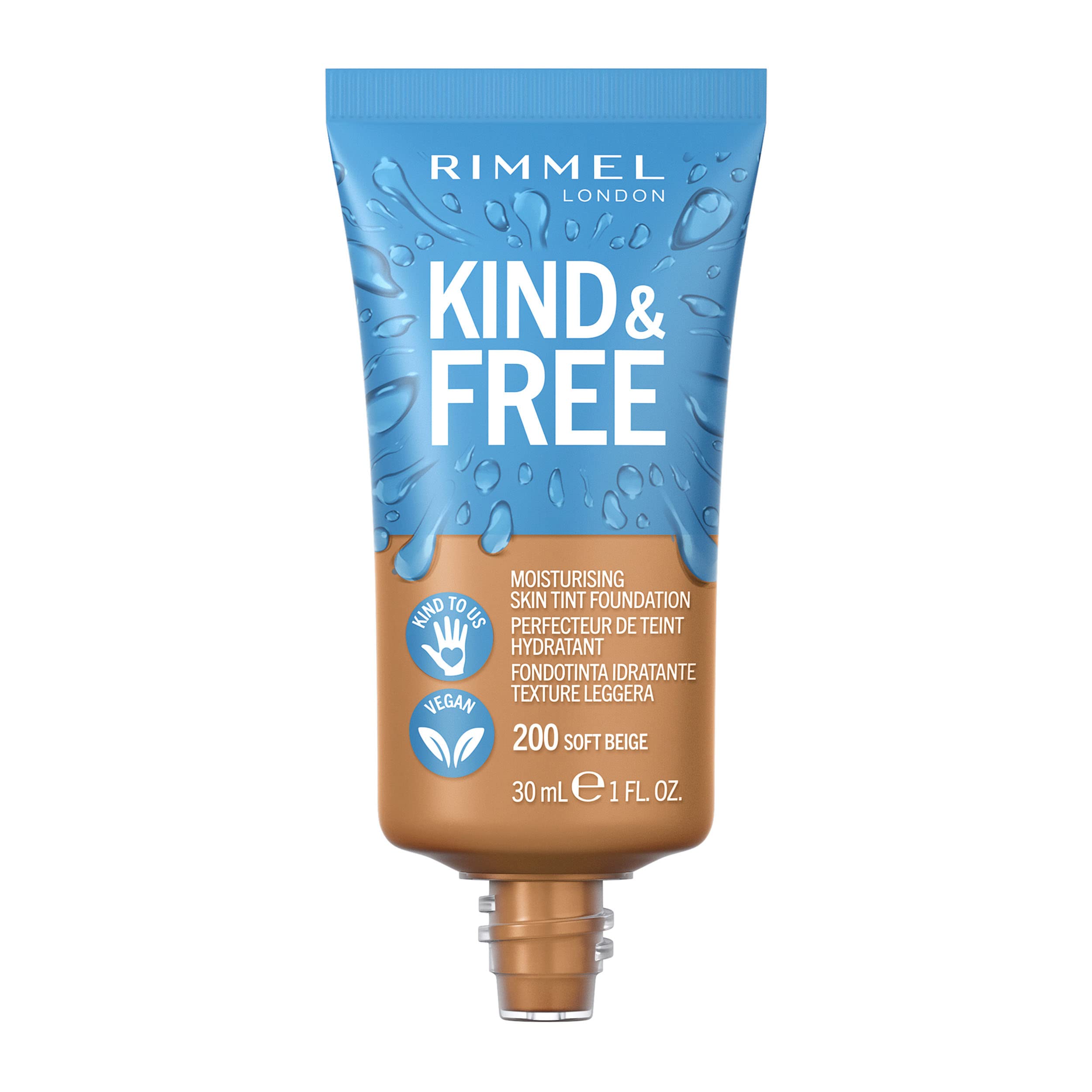 London KIND & FREE Skin Tint - Moisturising Foundation - With Vitamins E & B5 - Kind To Animals & Vegan - 30 ml, shade 200 Soft Beige