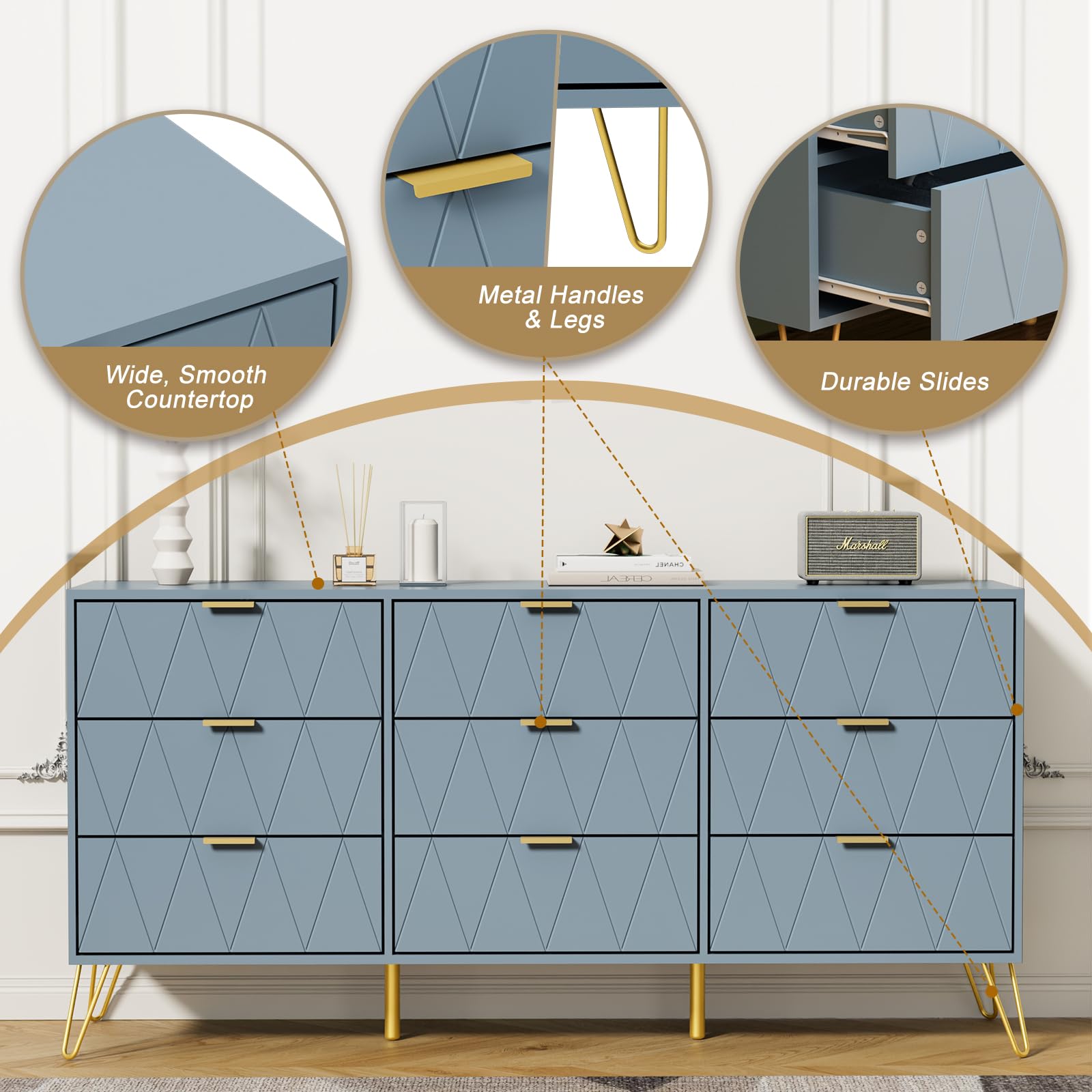 Amazon.com: Anbuy Blue 9 Drawer Dresser for Bedroom with Gold Handles, Long  Dresser & Chest of Drawers with Deep Drawers, Modern Wood Dressers for  Closet Living Room（Blue） : Home & Kitchen