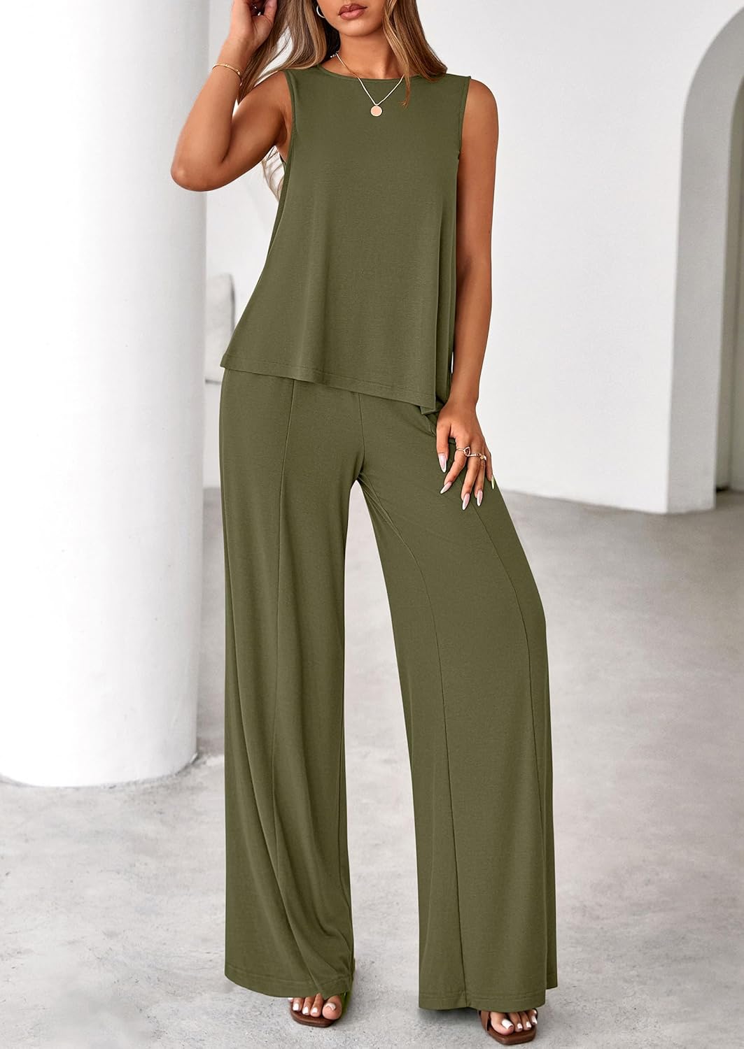 PRETTYGARDEN Women's 2026 Two Piece Matching Lounge Sets Asymmetrical Split Tank Tops Wide Leg Pants Summer Outfits Tracksuit - Image 8