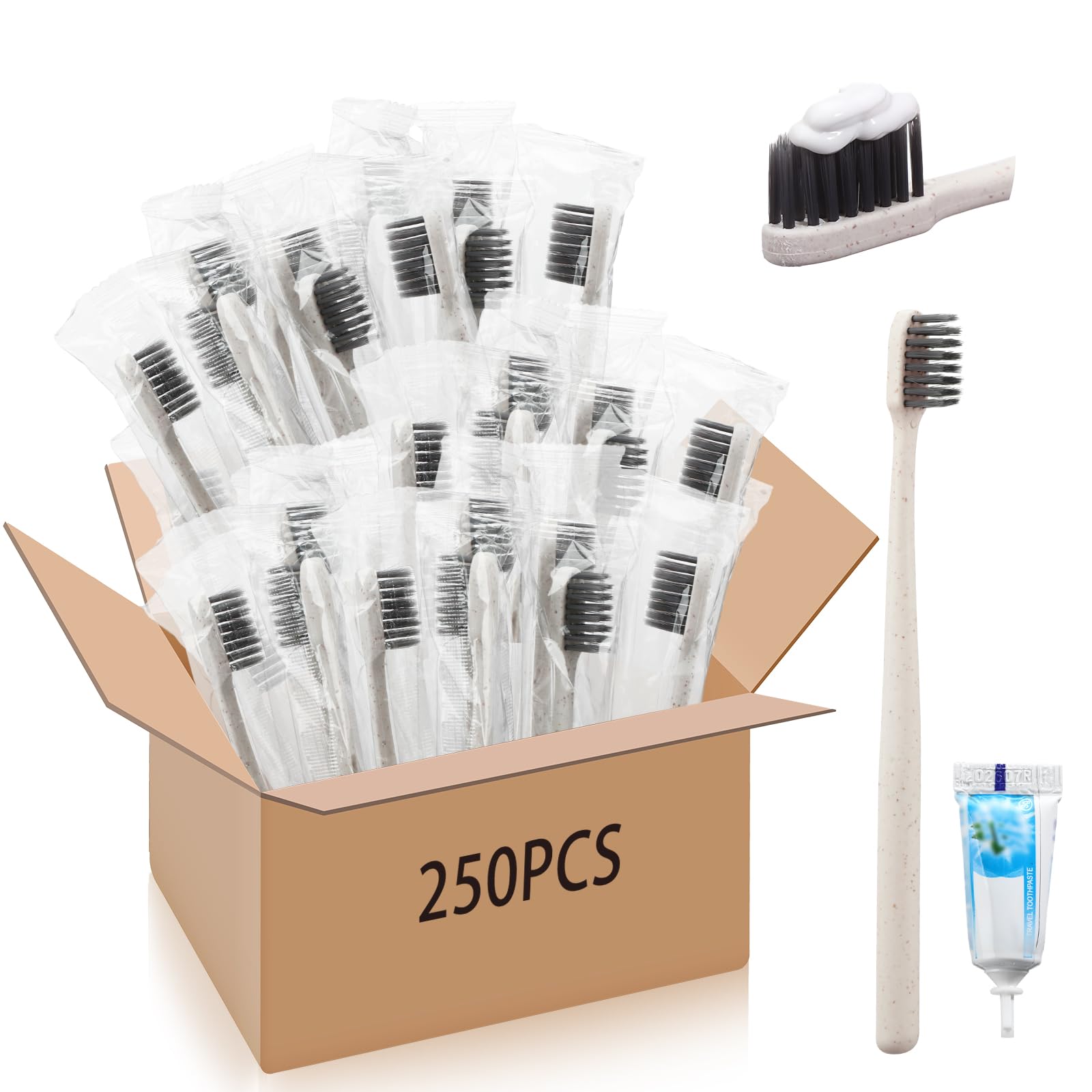 Uiifan Set di 250 spazzolini da denti usa e getta con dentifricio, confezionati singolarmente, set di spazzolini da denti da viaggio per senzatetto, manuali con setole morbide, per casa, hotel,