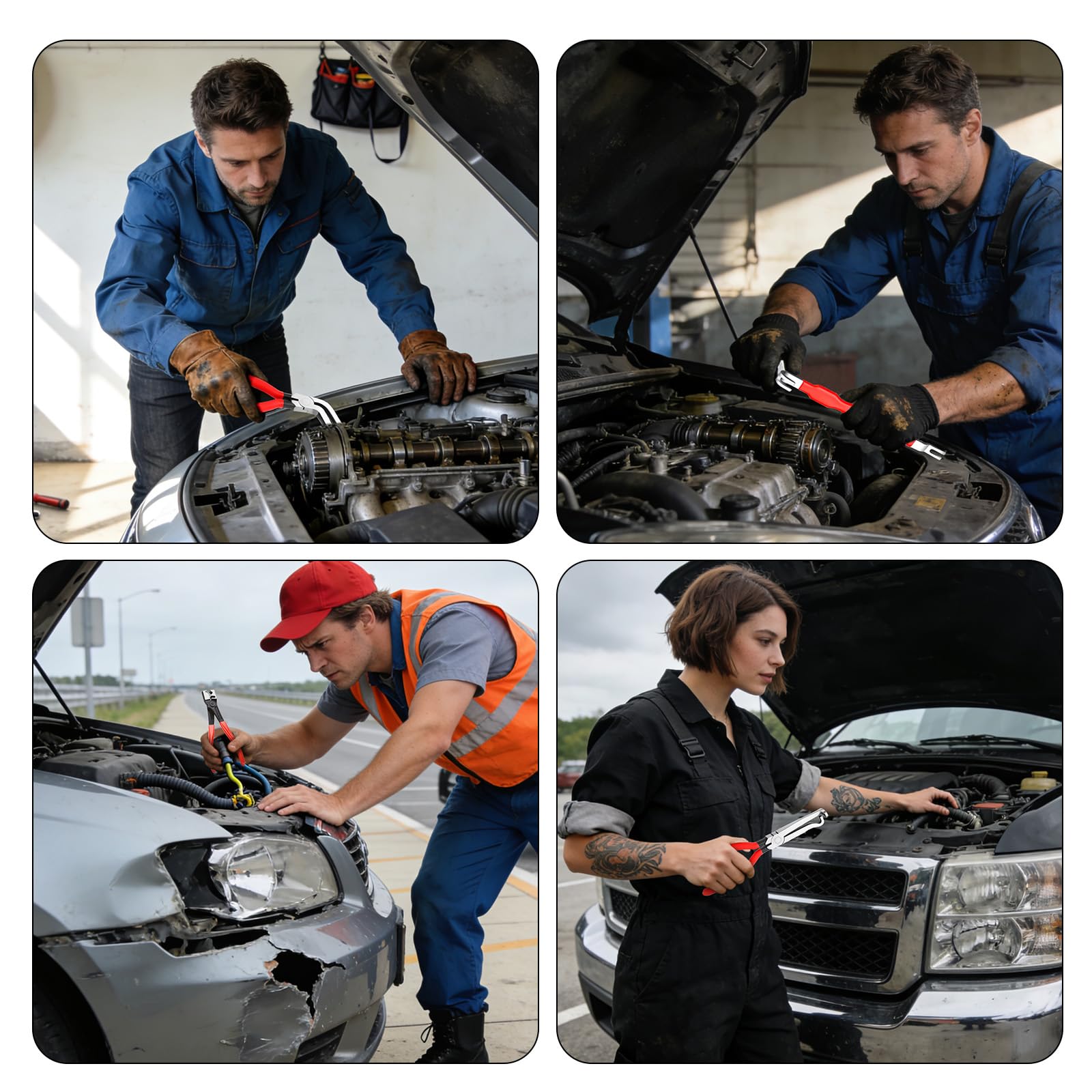 4 alicates de desconexión eléctrica automotriz para automóviles, separador de conectores de acero de alto carbono con alicates rectos y de 60° con guantes, alicates de abrazadera de manguera