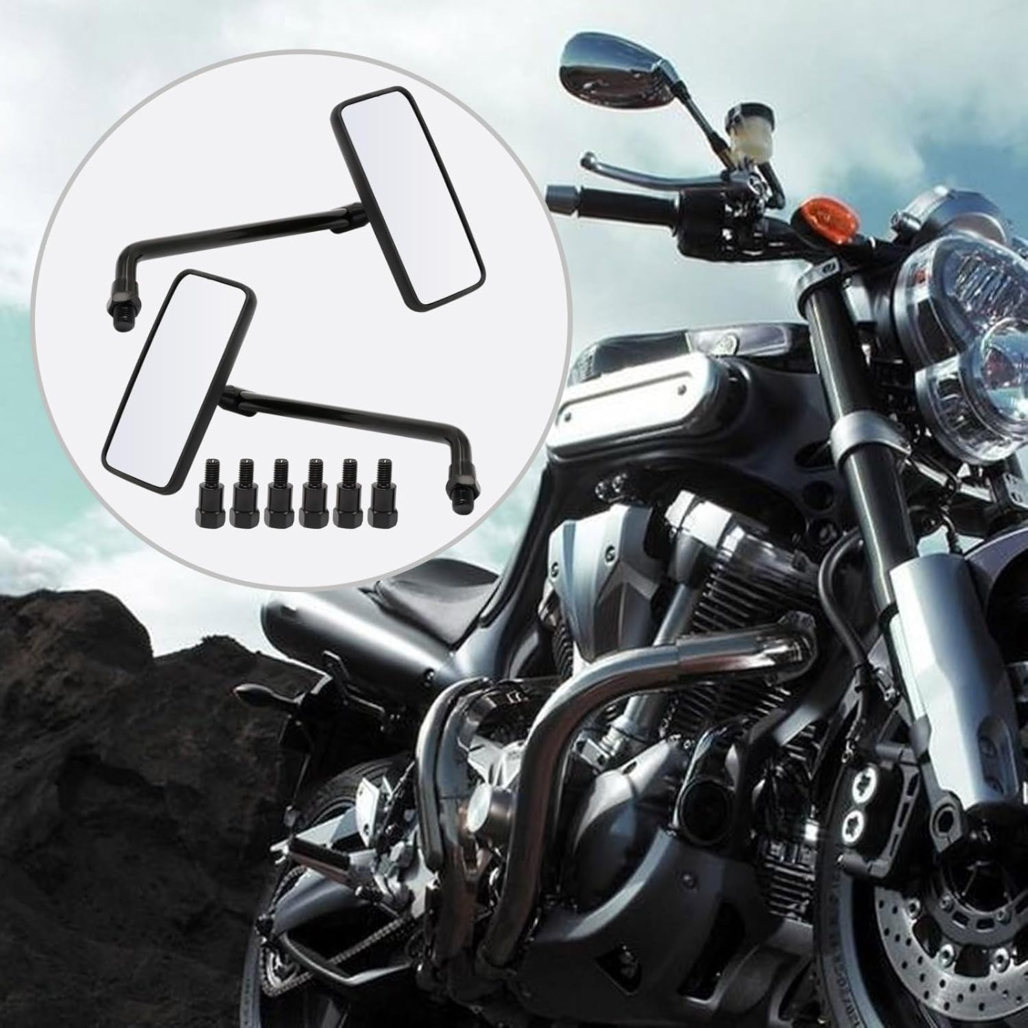 2Pcs Motorcycle Rearview Mirrors with M8 and M10 Adapter Adjustable Handlebar Replacement for Street Dirt Bike Cruiser Chopper Touring Scooter Ect