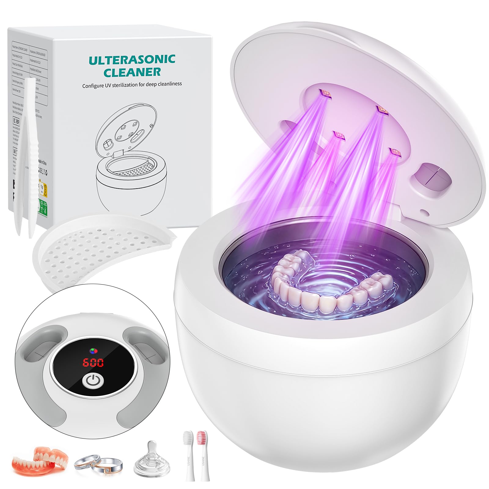 Ultraschallreinigungsgerät 45000Hz Ultraschallreiniger, 200mL Dental Pod 4 Modi, Ultrasonic Cleaner mit 4 UV Lampe für Zahnersatz, Zahnschiene, Retainer, Aligner, Prothesen, Schmuck