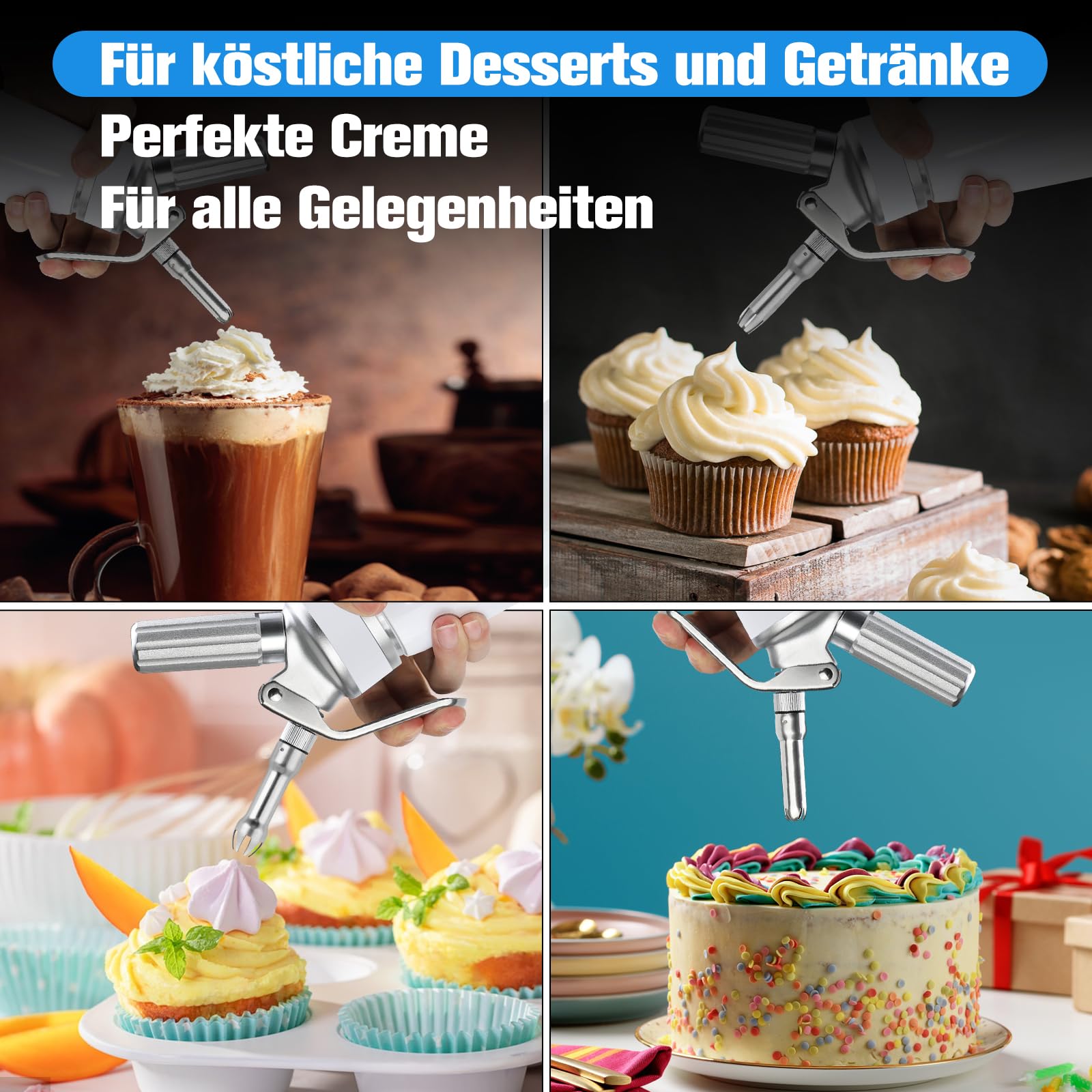 ERWEY Sahnespender 500ML, Sahnesyphon Aluminium, Sahnesprüher Auslaufsicherer Einfach Reinigen mit 3 Tüllen und 1 Reinigungsbürsten, Schlagsahne Spender für Küche Party Desserts