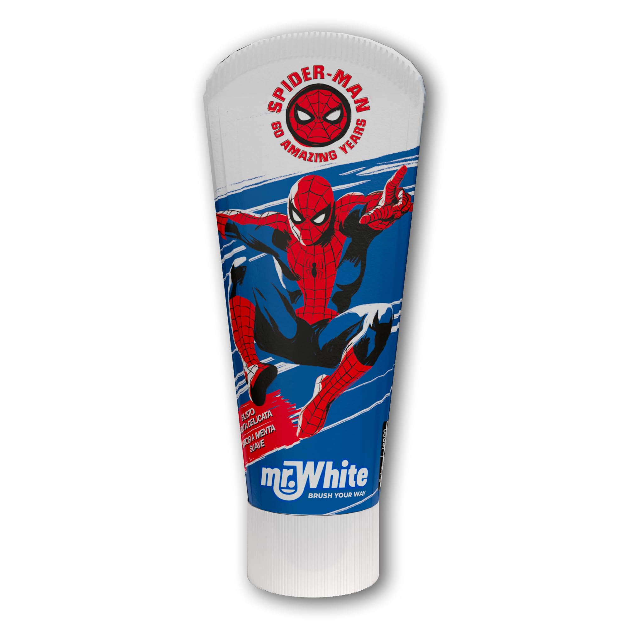 Mr.White - Confezione regalo con LED Marvel Spiderman per bambini, con dentifricio, spazzolino da denti alimentato a batteria, bicchiere e base con torre lampeggiante di 2 minuti