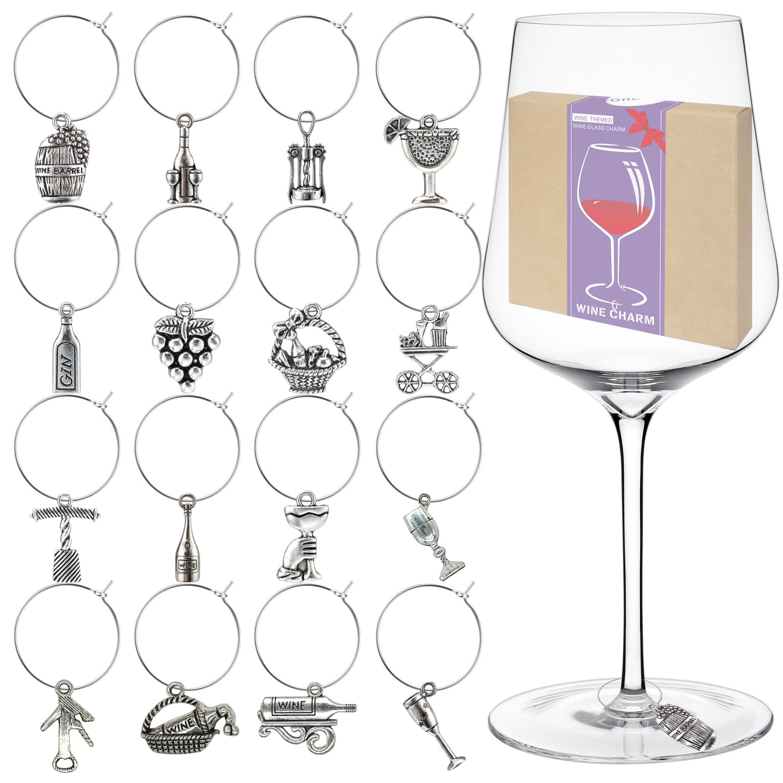 Gnollko 16pcs Wine Glass Charms,Wine Charms for Stem Glasses,Wine Glass Markers Tags,Wine Tasting Party Gifts Favors Decorations Supplies, 3.9 inches, Zinc, No Gemstone