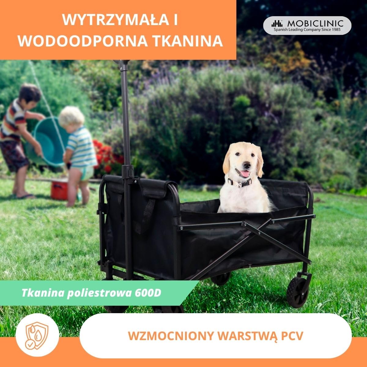 Mobiclinic®, Składany wózek transportowy, Na plażę i do ogrodu, Duna basic, Regulowana rączka, 360º terenowe koł, Nośność 80 kg, 71x47x50cm, Wodoodporny, Stal, Pcv, Czarny
