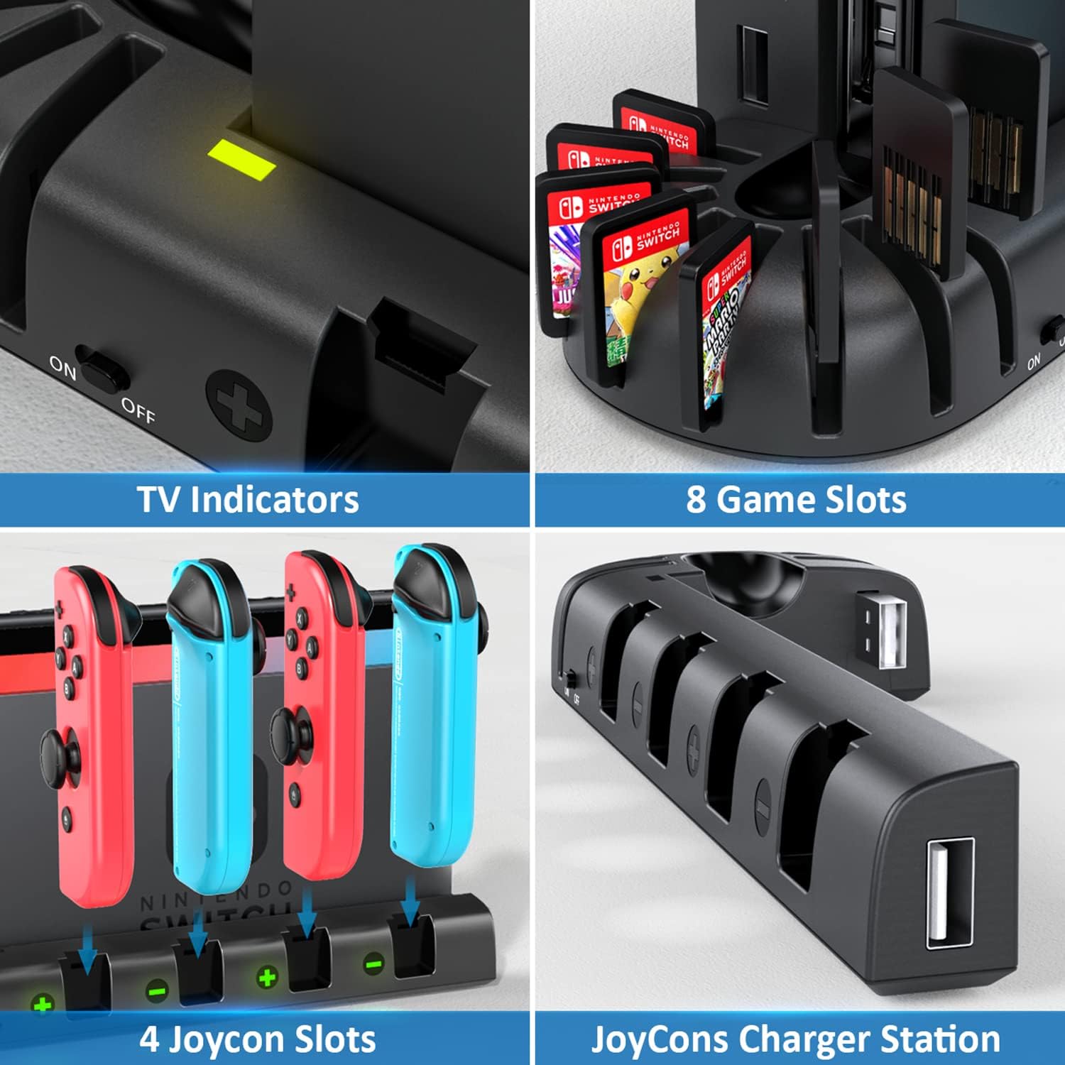 KDD Switch Controller Charging Dock Station Compatible with Nintendo Switch & OLED Model Joycons, Switch Controller Charger Dock Station with Upgraded 8 Game Storage for Nintendo Switch Joycon & Games - Image 5