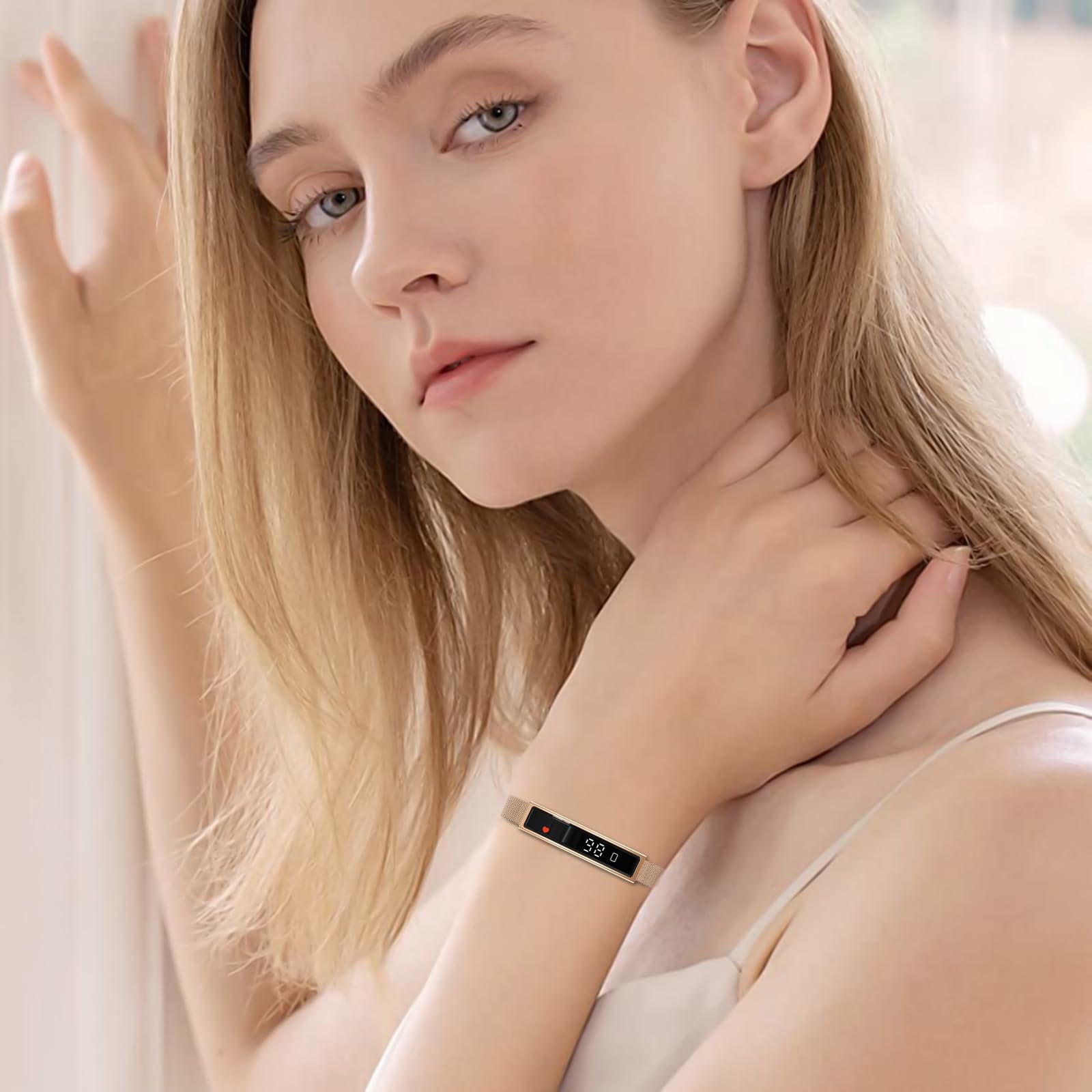 Smart Bracelet, Fitness Trackers, 5ATM Waterproof with 24/7 Heart Rate/SpO2/Sleep Tracker, Bluetooth 5.3, APP, Multi-Sport Modes for iOS & Android (Gold)