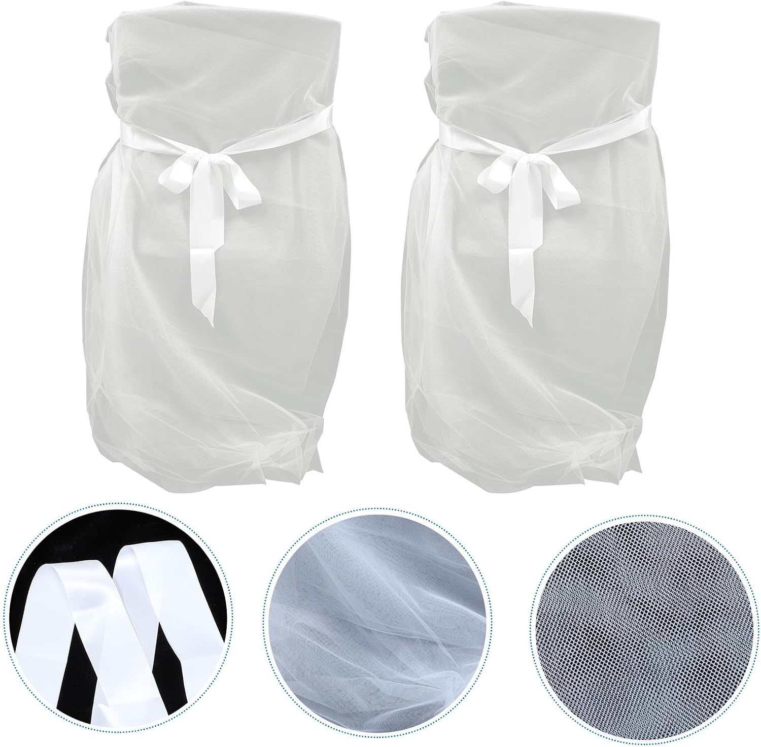 UKCOCO 2 Pcs Tulle Chair Cover White Nylon Mesh with Long Bow Ties