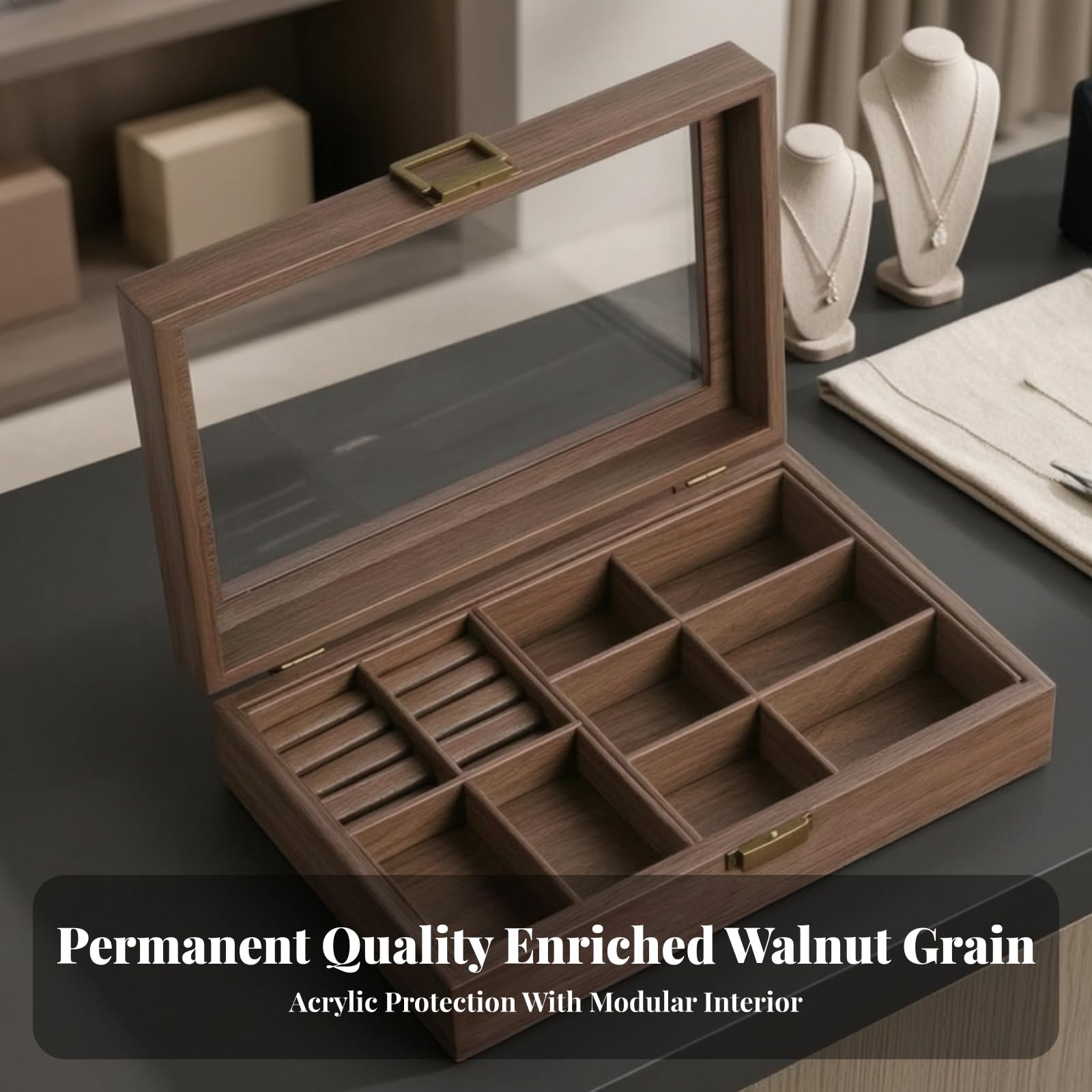 MERIGLARE Stilvoll Schmuckbox mit Fächn elegant, Schmuckorganiz, für Schminktisch, Schmuckliebhab, Uhrensamml, 4+3 Raster