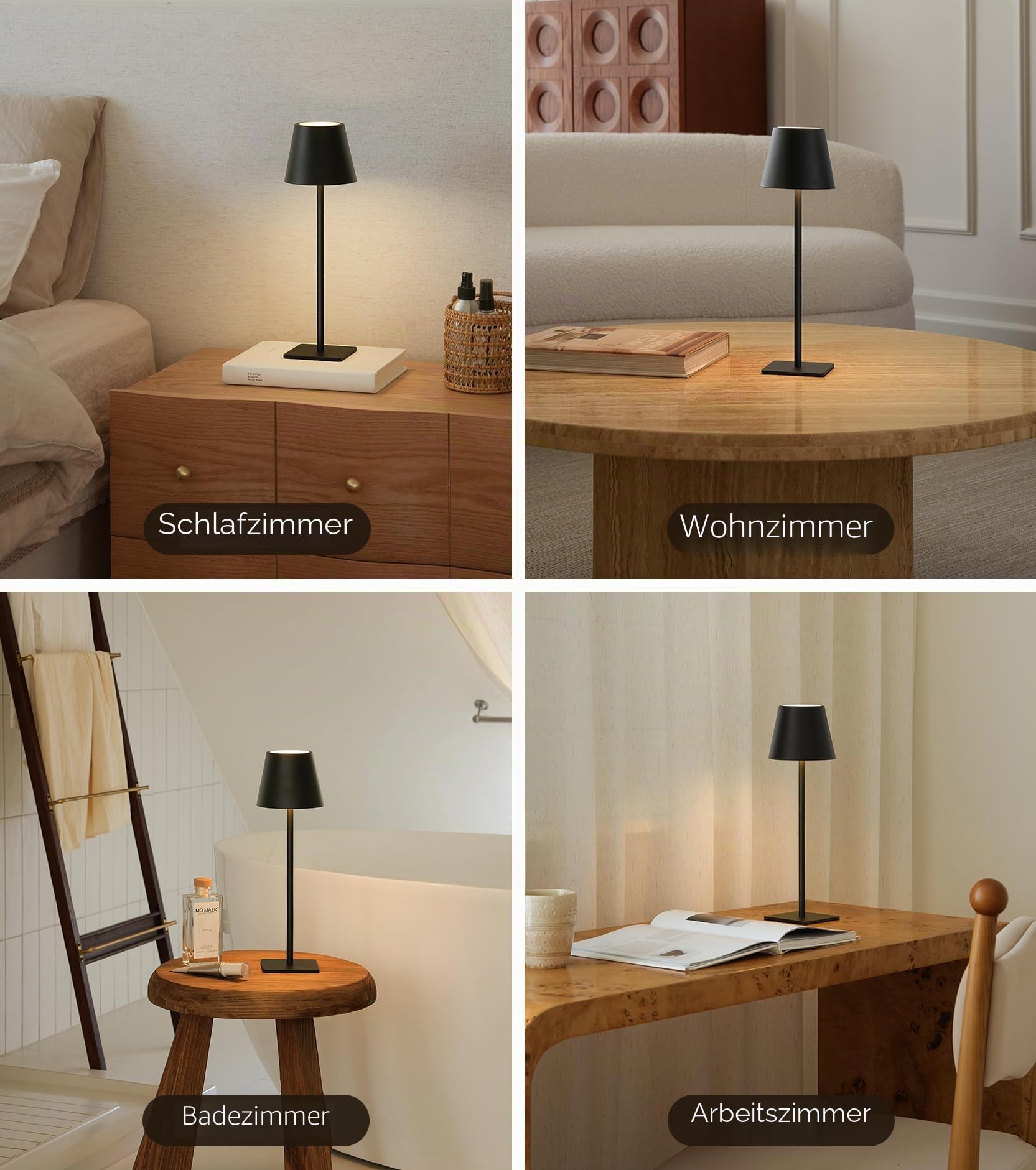 UME Kabellose Tischlampe, batteriebetriebene Lampe – tragbare, wasserdichte, wiederaufladbare Tischlampe mit 3 Farbtemperaturen und stufenlosem Dimmen für Abendessen, Schreibtisch, Café (3, Schwarz)