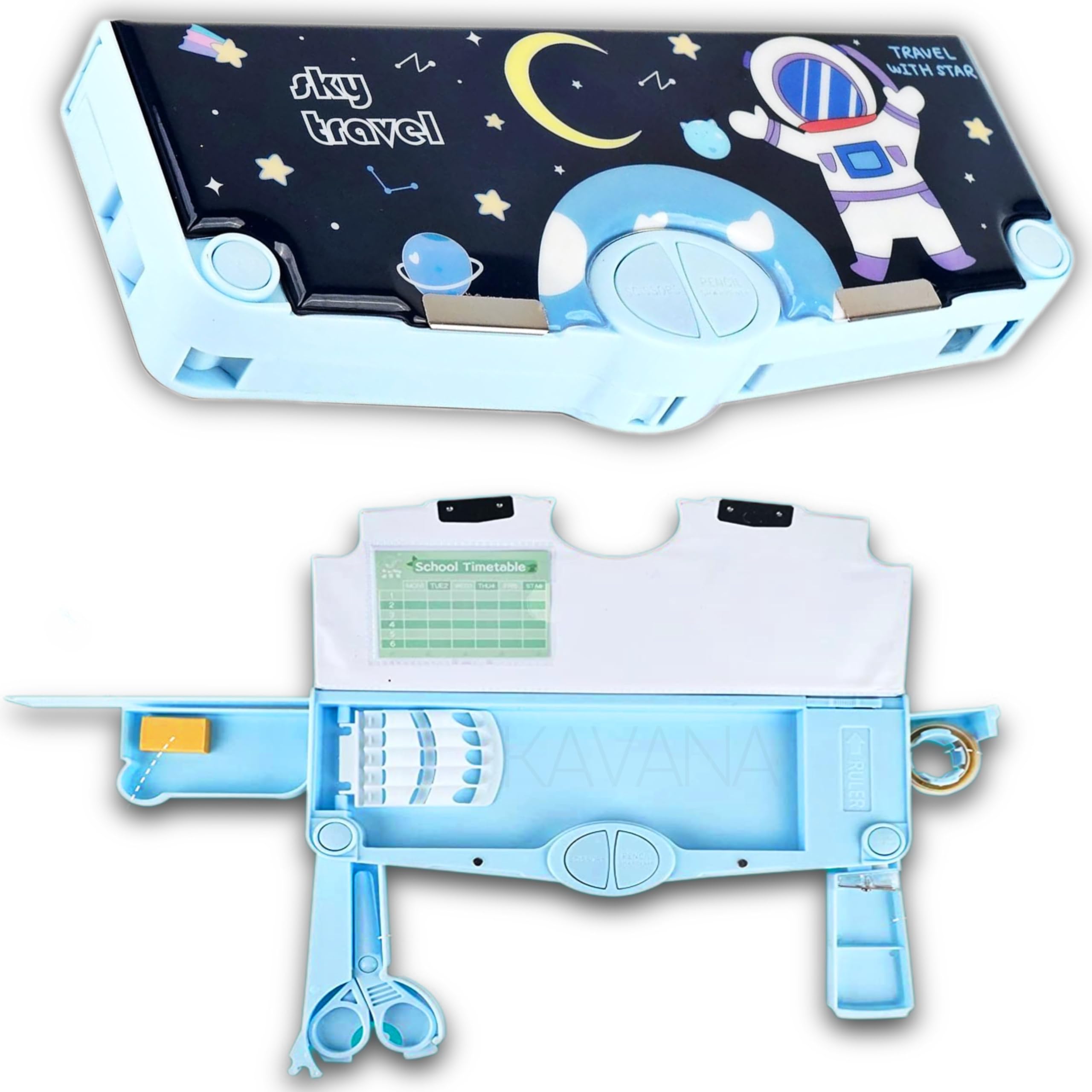 KAVANA Branded Multi-Functional Geometry Box for Kids 6-12 Years, Pencil Box for Kids, Space Pencil Box for Boys & Girls, Magnetic Pencil Box for Boys, Space Theme Gifts for Kids with Accessories