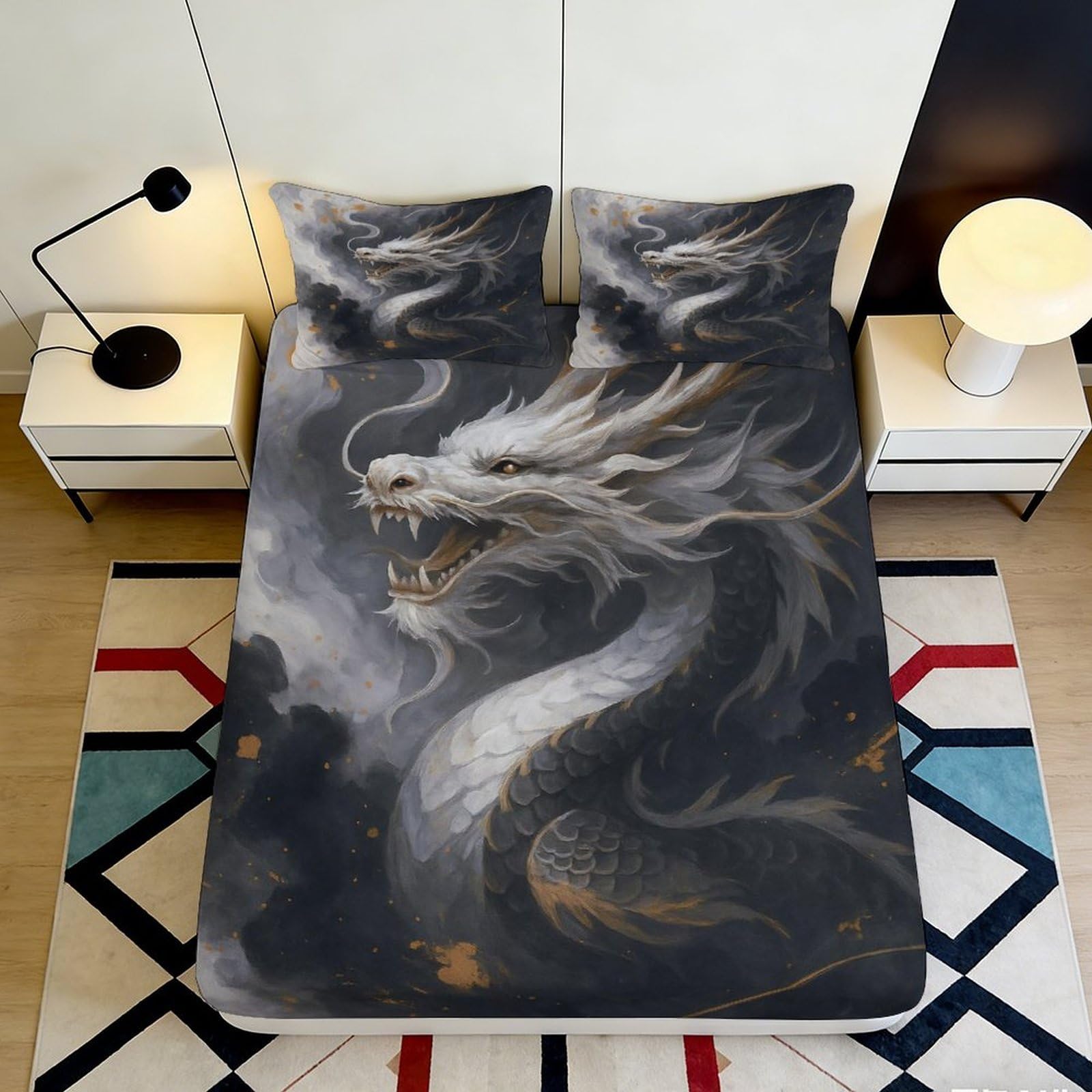 Pnayamiorkfel Style-9 3D Printed White Dragon Fitted Sheet Microfiber Soft Breathable Smoke Cloud Bed Cover For Bedroom Dorm Mattress Decor 90X200x25cm
