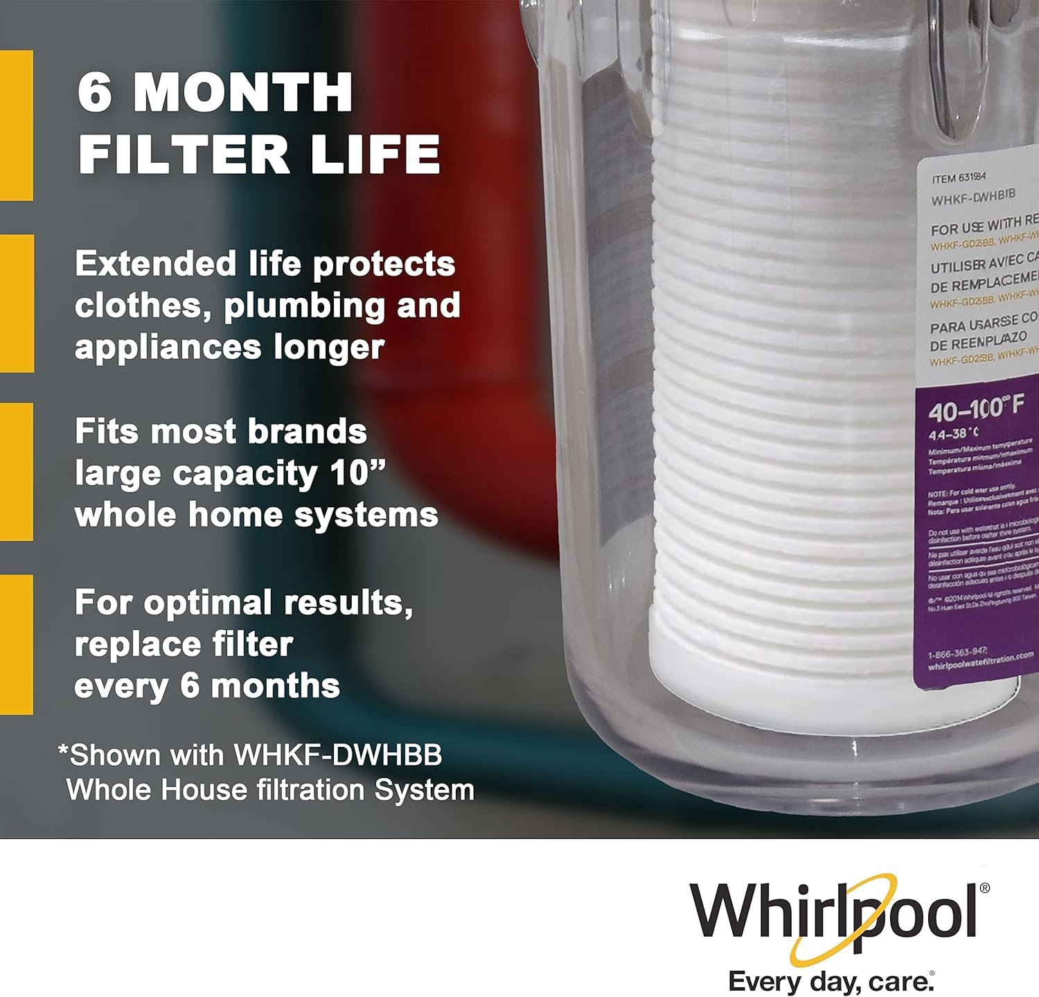 Whirlpool Lot de 4 filtres à sédiments de grande capacité WHKF-GD25BB pour toute la maison, filtration certifiée NSF de 25 microns, cartouche de rechange compatible avec la plupart des boîtiers de