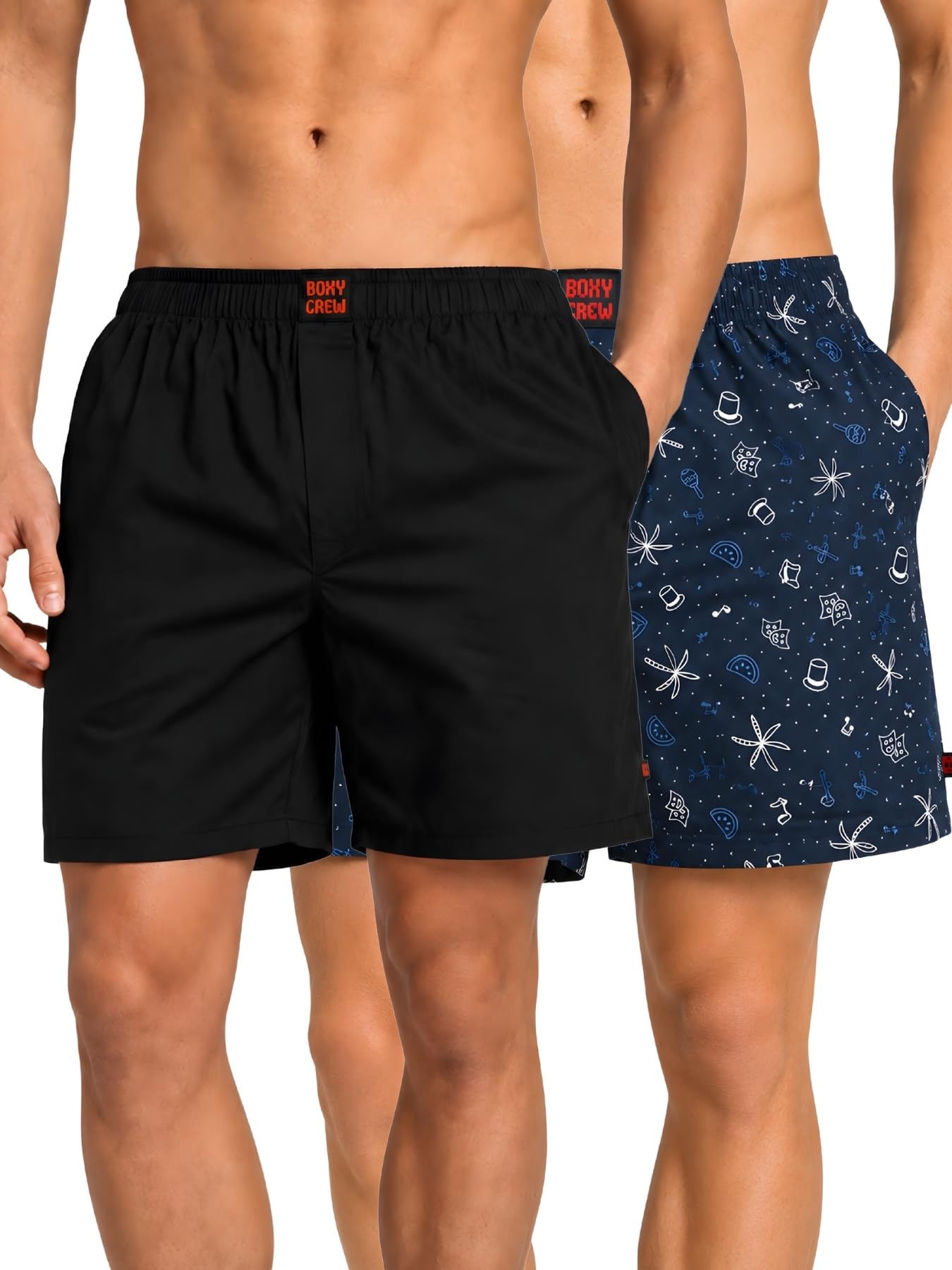 Men Boxer Shorts Pack of 2, 100% Cotton Woven Boxers, Black & Dark Blue, Solid & Printed Designs, Dual Side Pockets, No-Marks Inner Elastic Waistband, Relaxed Lounge & Sleep Shorts-image-44