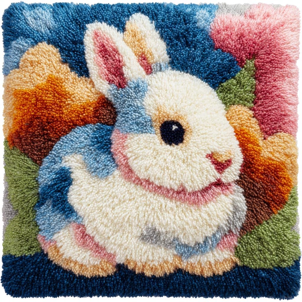 Taxpy DIY Latch Hook Kits, Animal Rabbit Needlework Pillow Cover 43x43cm DIY Hooks Knitted Embroidered Carpet Pillow Embroidery Latch Hook Carpet Kit