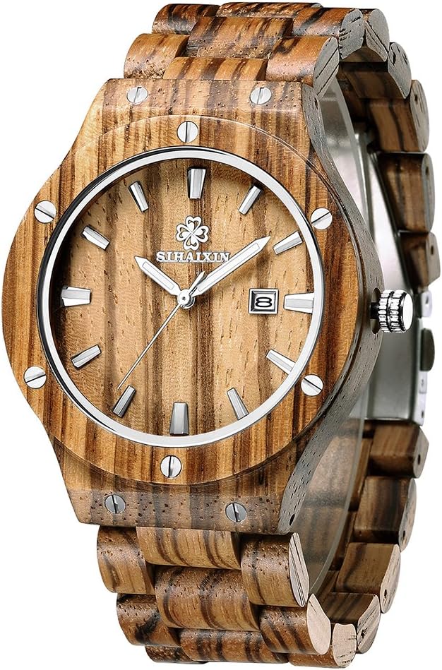 SIHAIXIN Men's Wood Watches Natural Handmade Vintage Analog Quartz Wooden Watches with Calendar Wood Wrist Watch Gift Box Package