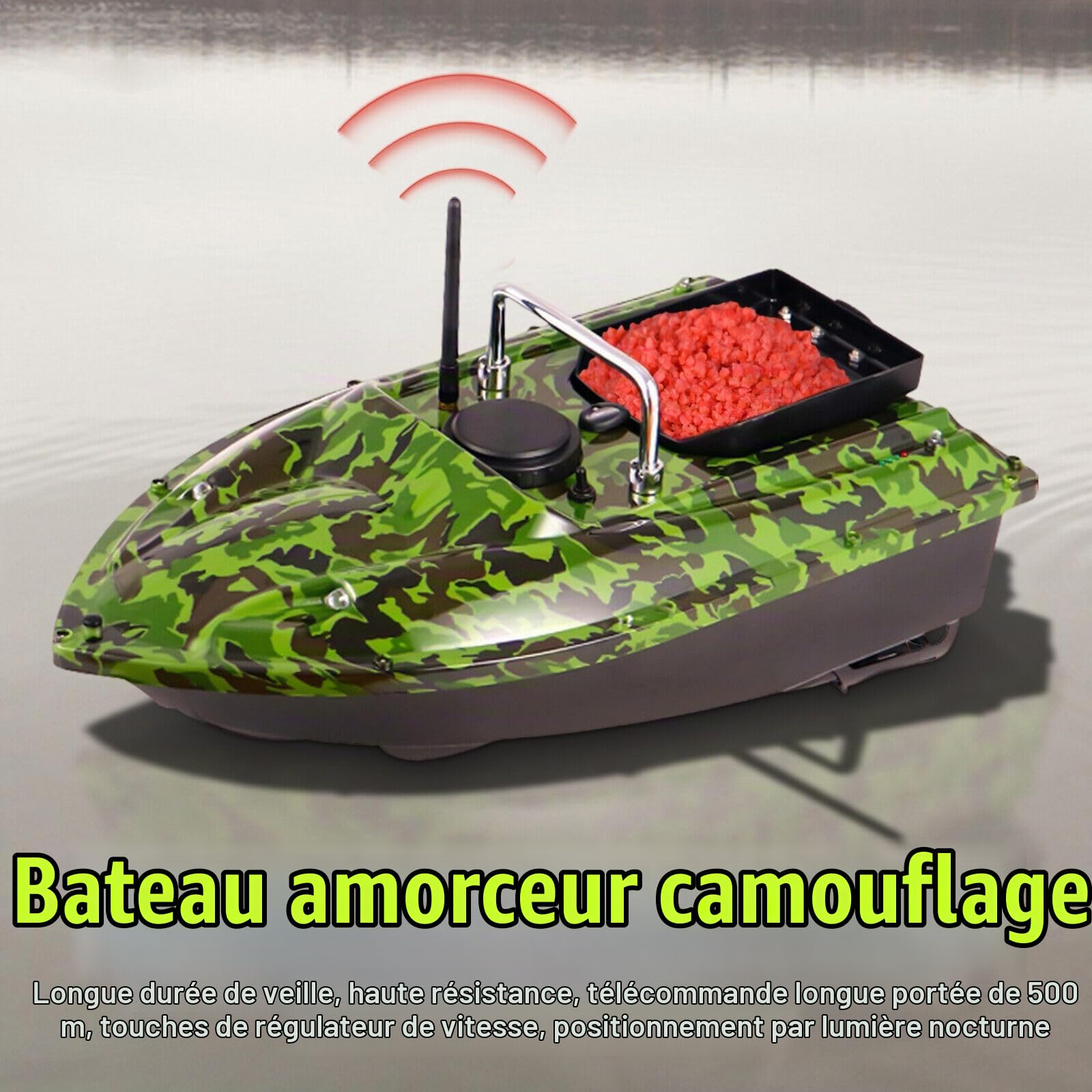 Bateau d'appât de pêche 500m Telecommandé sans Fil Pêche Bateau Amorceur avec Lumière LED avec 2 x Moteurs 1.5KG pour pêche de Nuit