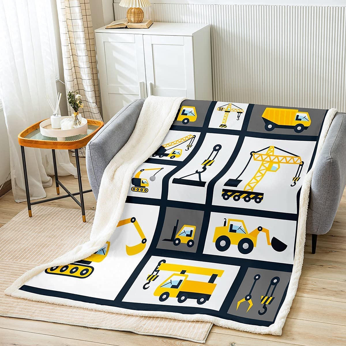 Homemissing Jungen BauDecke 150x200cm Kindermaschinen LKW Kuscheldecke für Schlafsofa Couch Baustelle Auto Fahrzeug Dekor Flanell Fleecedecke Bagger Wohndecke Schlafzimmer Dekor