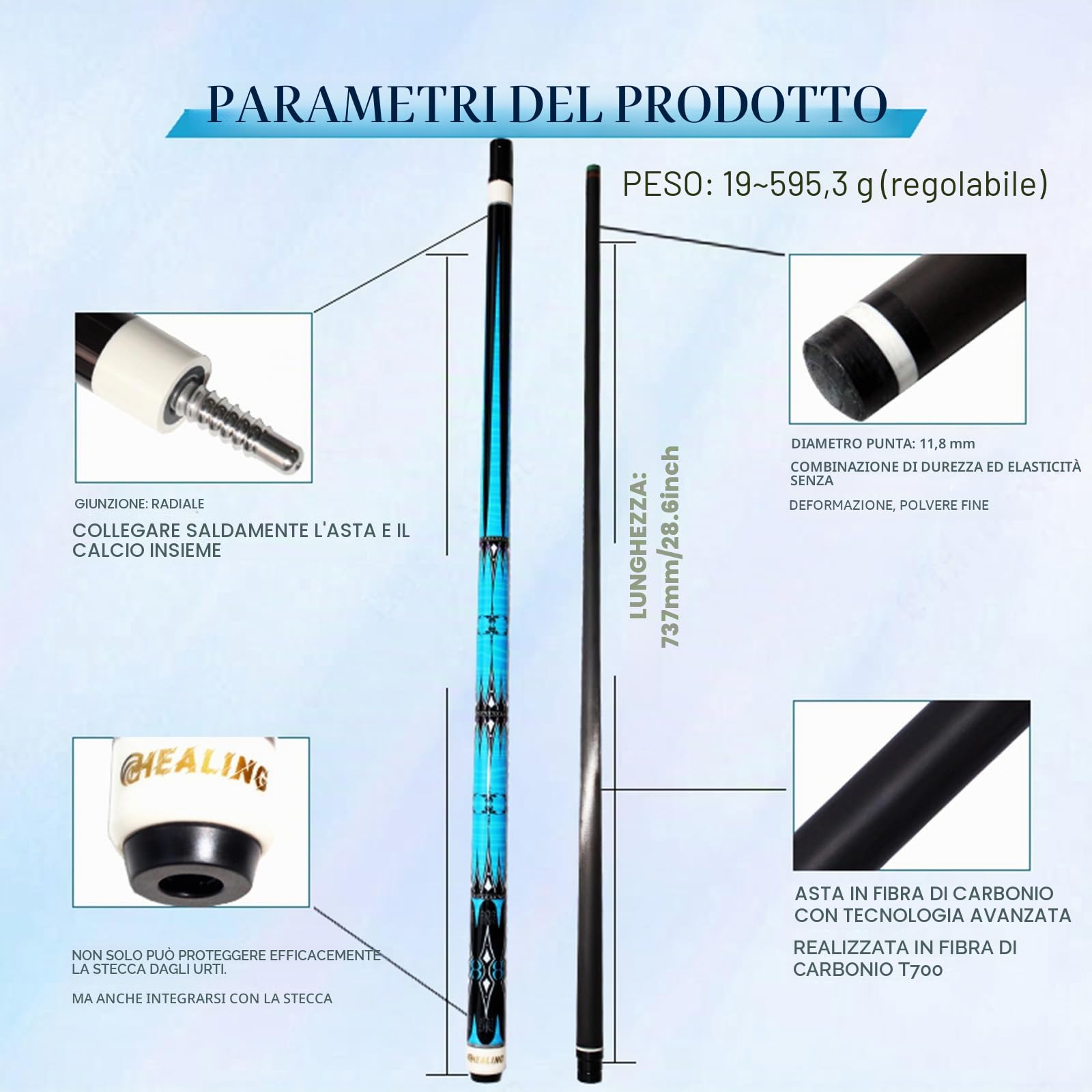 KHEALING Carbon Fiber Pool Cue with 11.8mm Head - Professional 1/2 58' Pool Cue with 8 Teeth Connector for Billiard Enthusiasts