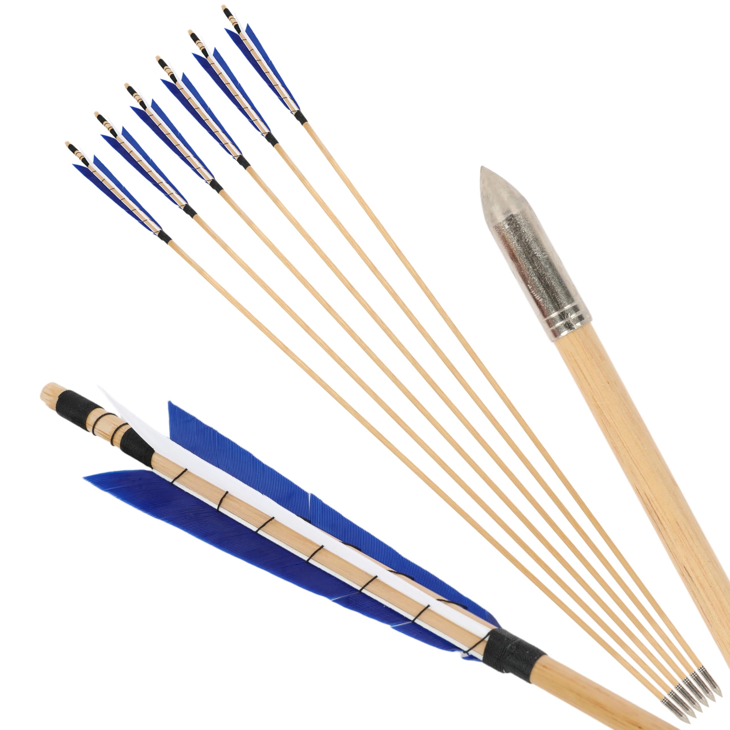 surwolf 31" Archery Wooden arrows Traditional Handmade with 6" Turkey feather Sleeve points OD8.5mm Wooden shaft Hunting Practice Targeting for Long/Recurvebow Horsebow 12pcs (bluewhite, 6pcs)