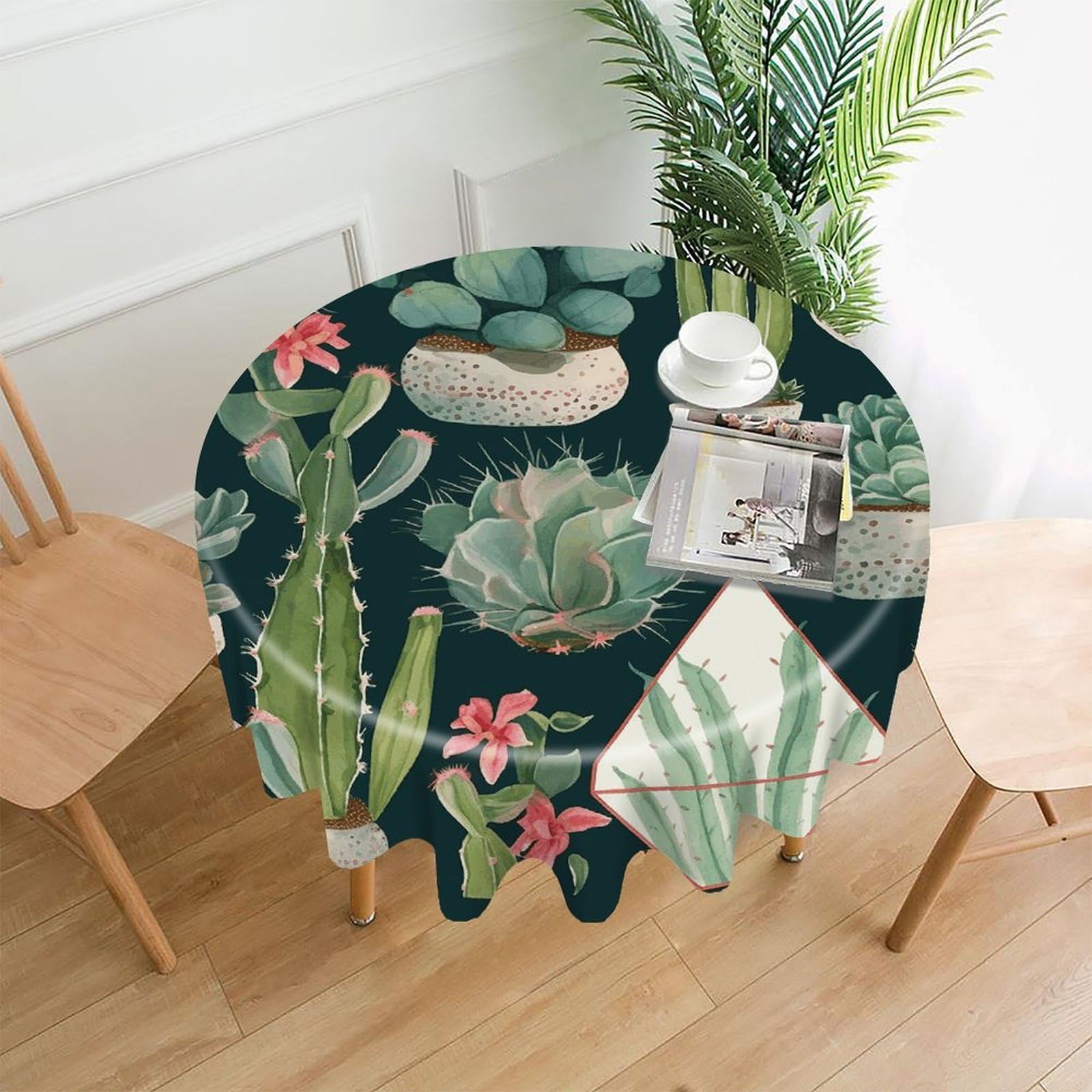 VstaDank Succulent Plants and Cactus Tablecloth Easy to Clean Polyester Round Table Cover Washable Round Table Cloth Wrinkle-Free Circle Decoration Tablecloth for Kitchen Dining Room 60"