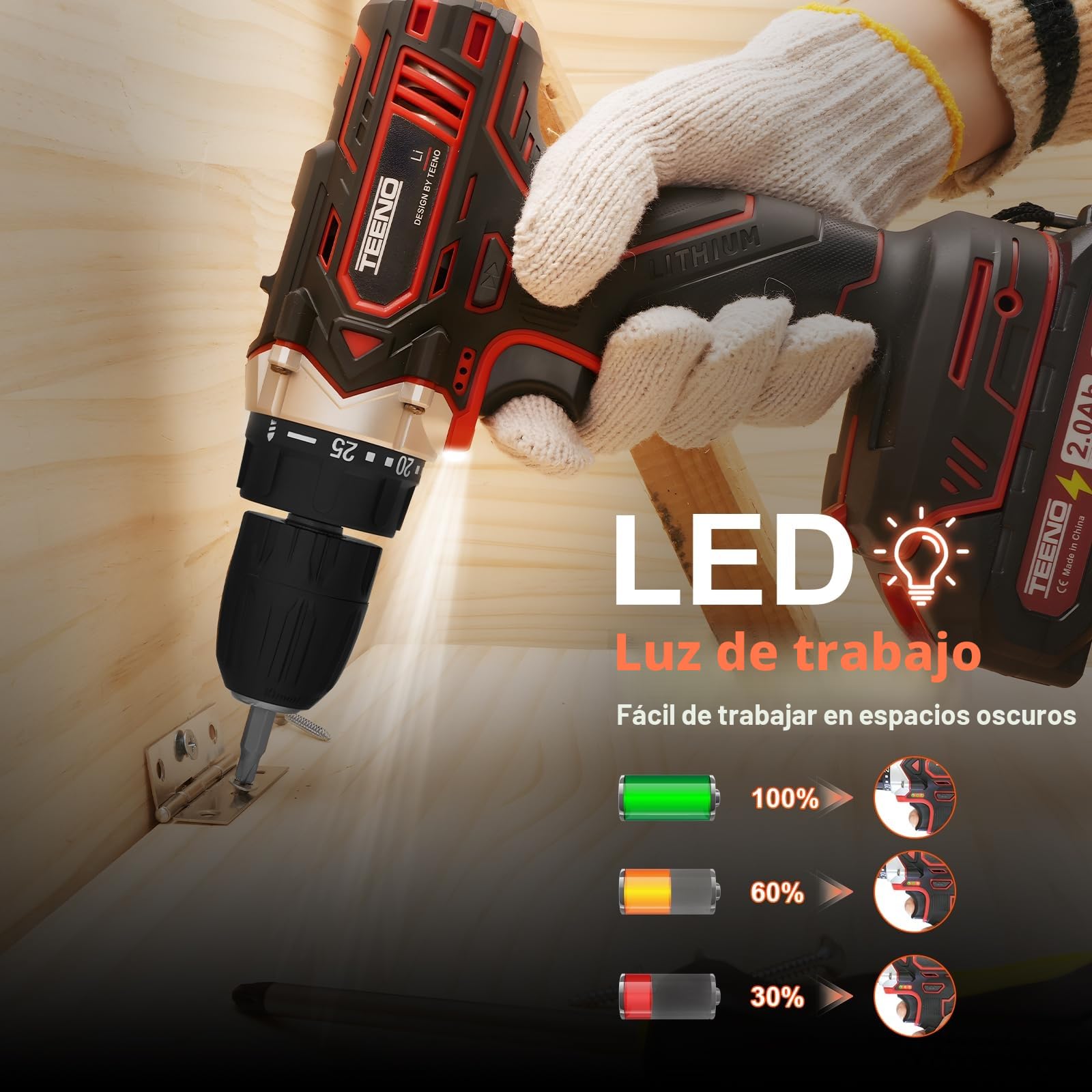TEENO Taladro Atornillador Inalámbrico para Batería Makita de 21V 2 * 2,0 Ah Baterías,con Cepillo Antióxido de Metal, 45 Nm,25+1 Configuraciones de Par, 2 Velocidades, LED, 31 Accesorios y Maletín