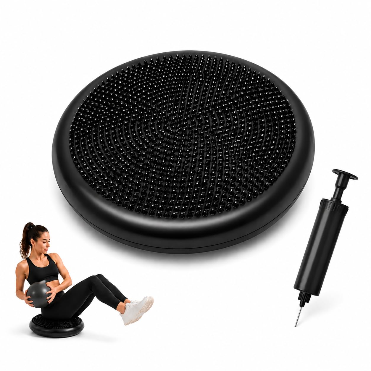 Inflatable Balance Disc Cushion 33CM with Air Pump | Anti-Slip Stability Wobble Cushion for Office Chair Sitting, Core Strength, Balance Training, Yoga, Fitness, Active Sitting, Posture Correction, Physiotherapy, Rehabilitation & Acupressure Massage | Black-image-20