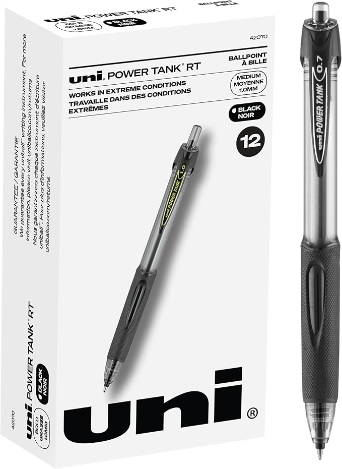 Uniball PowerTank RT Black Pens 12 Pack, 1.0mm Bold Pens