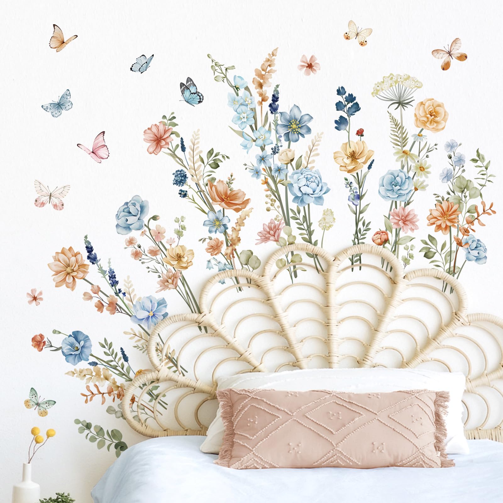Adesivi Murali Wondever Fiori Blu Boho: Sticker Con Farfalle E Erba Per Pareti - 2 Fogli Da 30x90cm - Rimovibili E Facili Da Applicare - 2