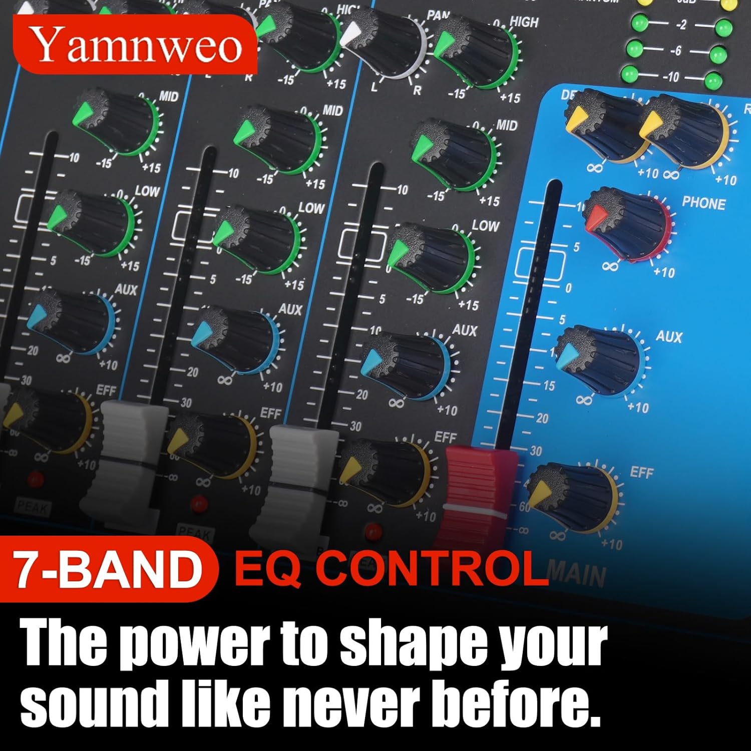 Close-up of Yamnweo GH4 Mixer input channels with knobs and faders