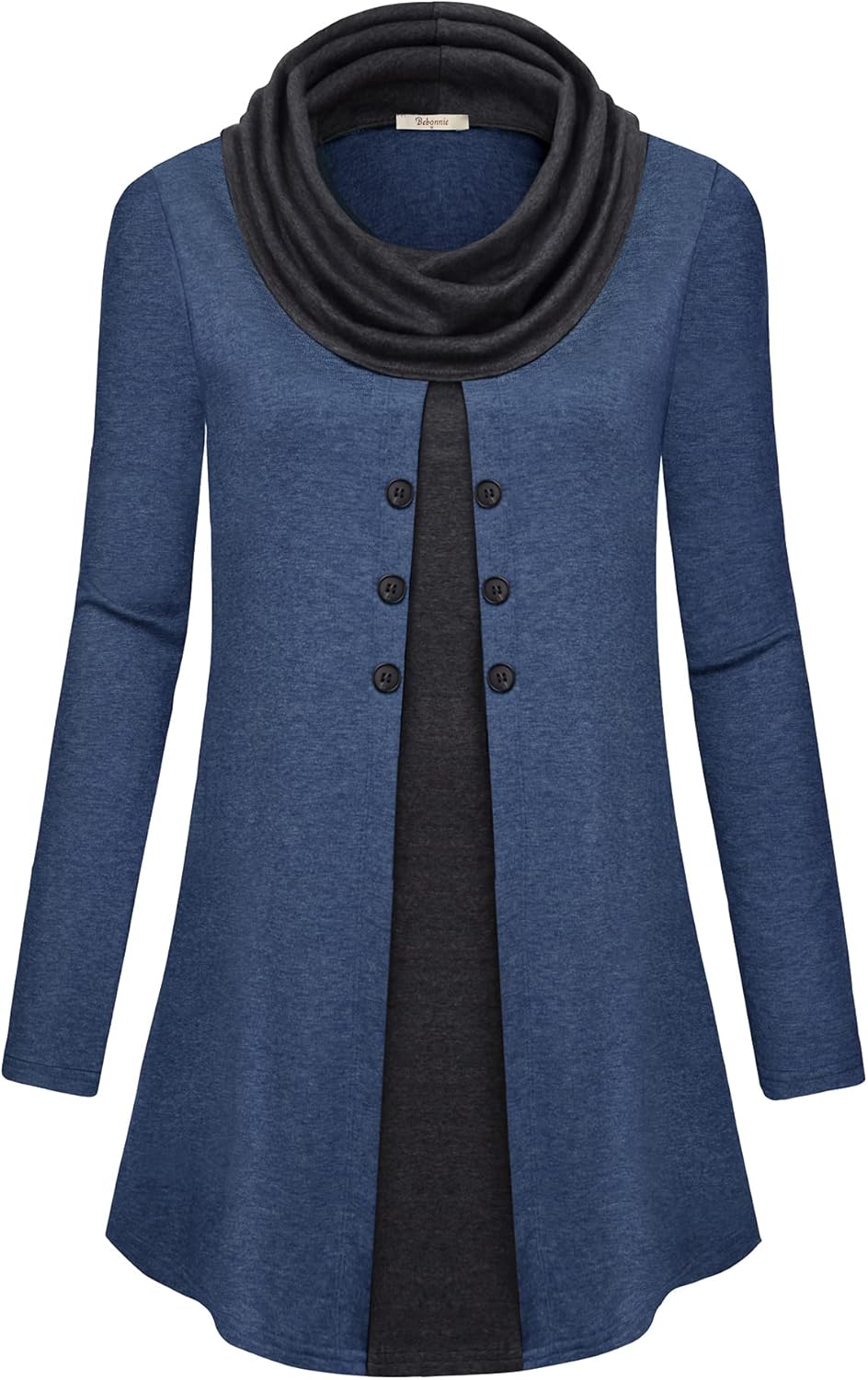 Bebonnie Womens Long Sleeve Cowl Neck Warm Splicing Tunic Tops with Buttons - Image 3