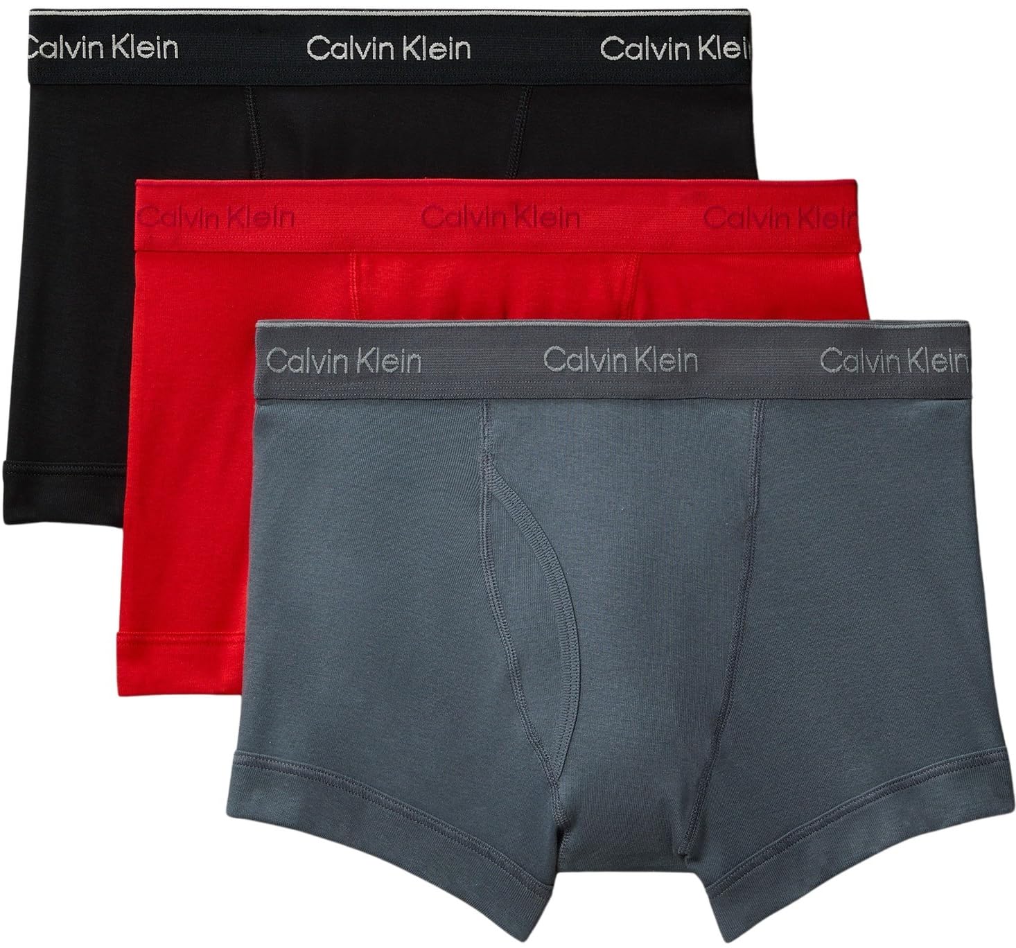 Calvin Klein Men’s 3 Pack Trunks with Logo Waistband, Multicolor (Turbulence/Adrenaline Rush/Black), S