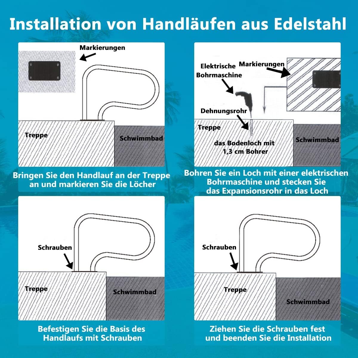 FANTASK Pasamanos para piscina, asistente de acceso 304 de acero inoxidable, asa para piscina
