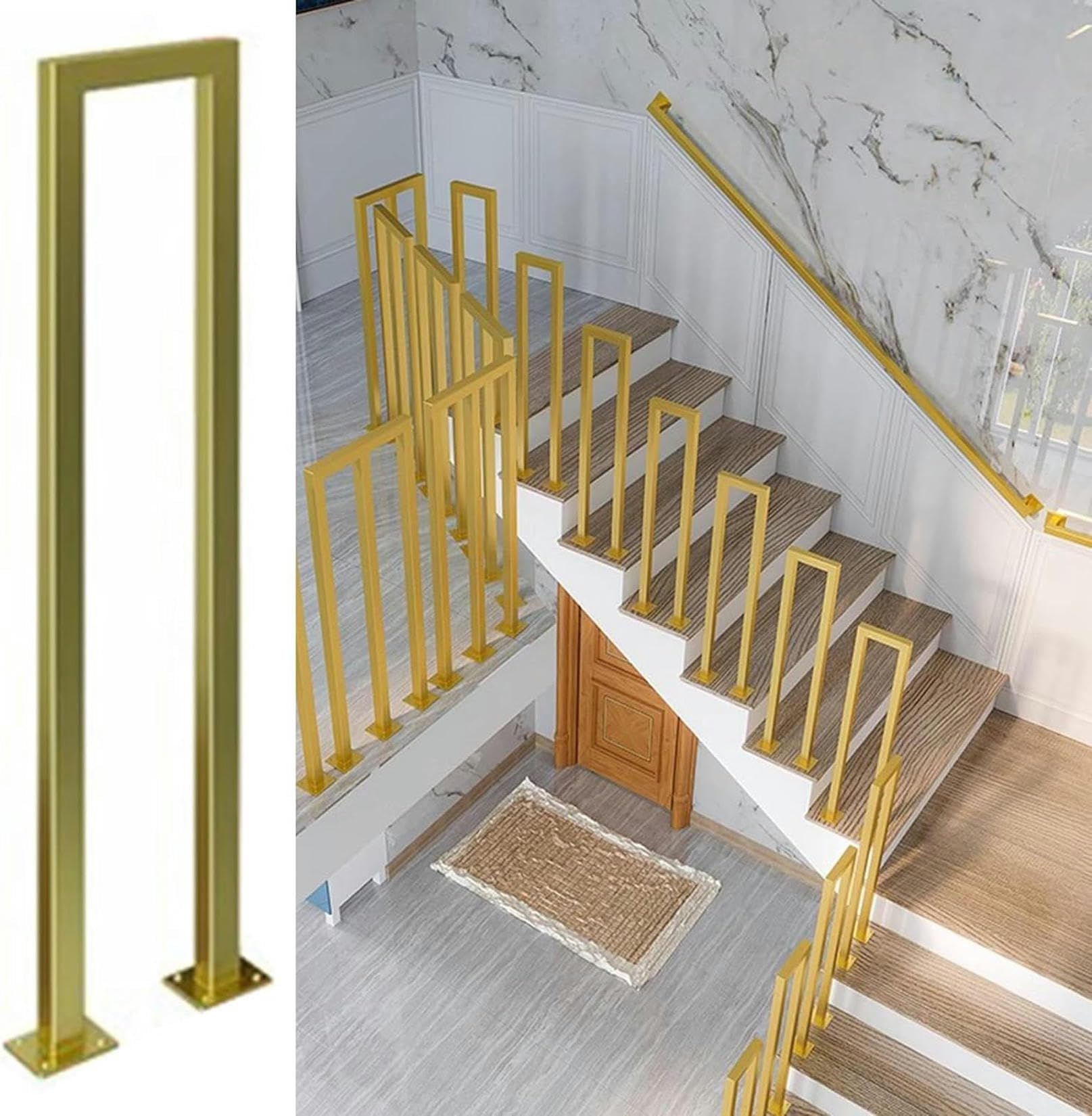 GLDYTVF U-Shaped Gold Stair Handrail - Industrial Non-Slip Safety Railing Spindles & Deck Balusters, 37.4" Support Poles for Elderly & Children, Easy Floor Installation