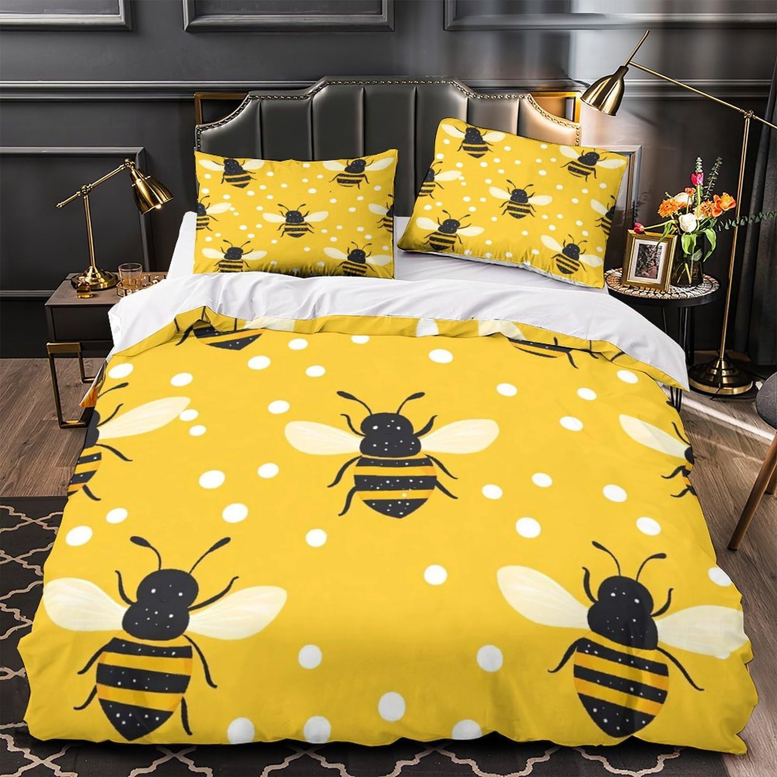 Parure de lit 135x200 motif abeille housse couette microfobre ultra douce