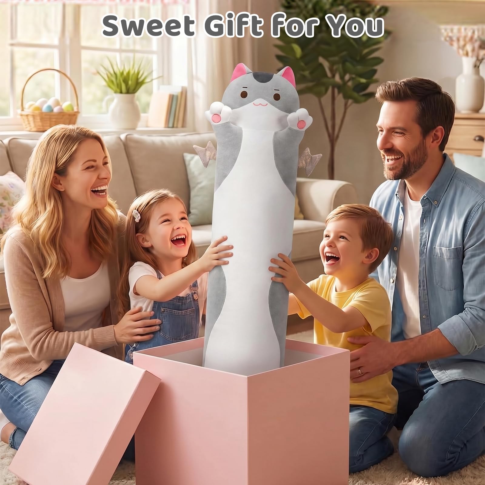 Mewaii Carino Gatto in Peluche Cuscino lungo Cuscino Animale Bambola Giocattoli Kawaii Soffici Comfort Cuscino in Peluche per Regalo per Bambini dai 3 anni in su, 50 cm, Gatto Grigio)
