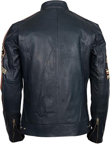 Vista 5 de LP-FACON Chaqueta de cuero vintage para hombre, diseño de rayas retro, estilo Cafe Racer, capucha desmontable