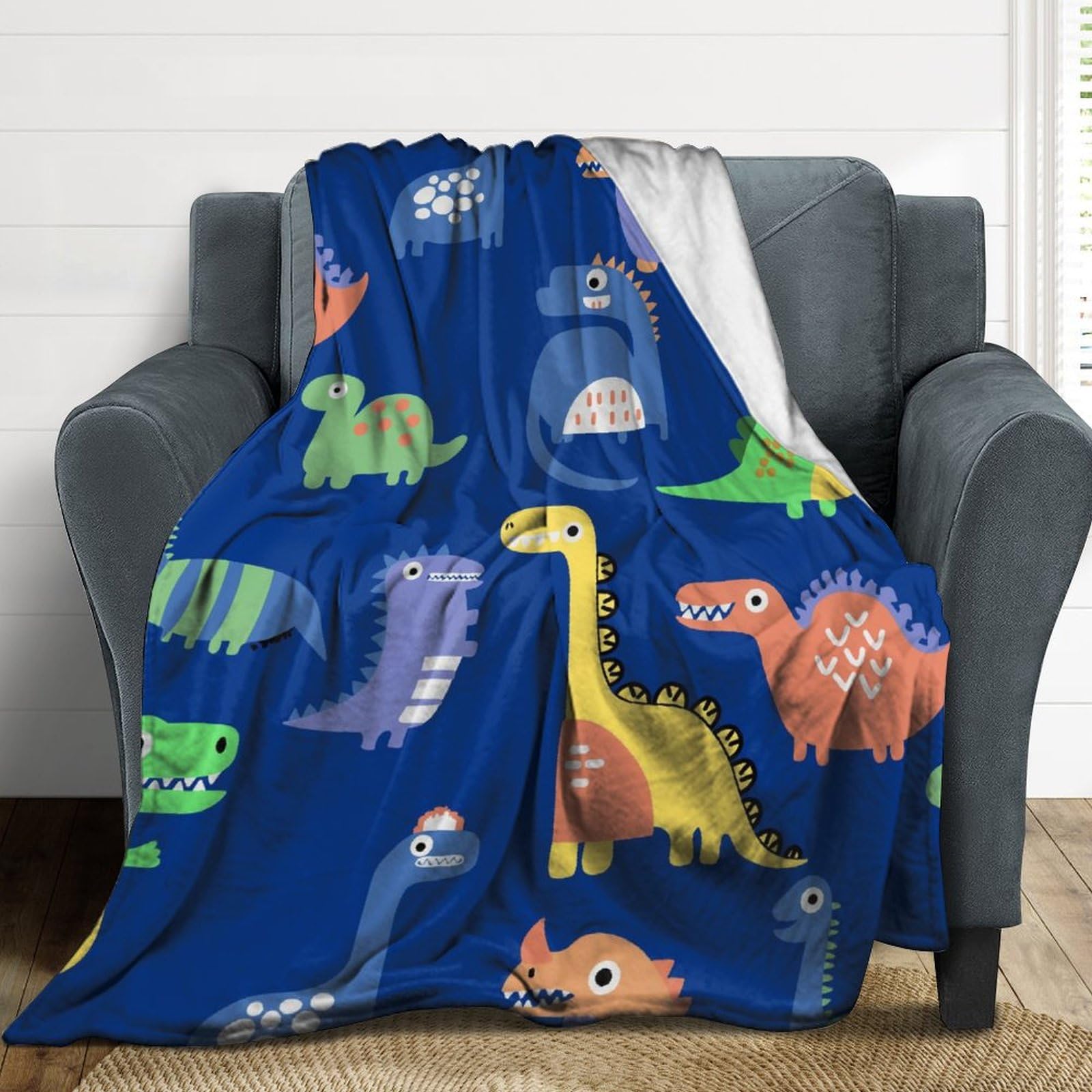 Coperta In Flanella Con Dinosauri - 150x130 Cm, Motivo Sorridente, Per Divano E Casa