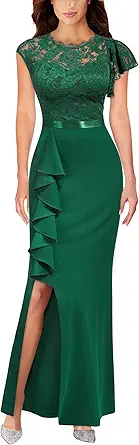 MISSMAY Women's Elegant Floral Lace Ruffle Design Bridesmaid Formal Maxi Dress