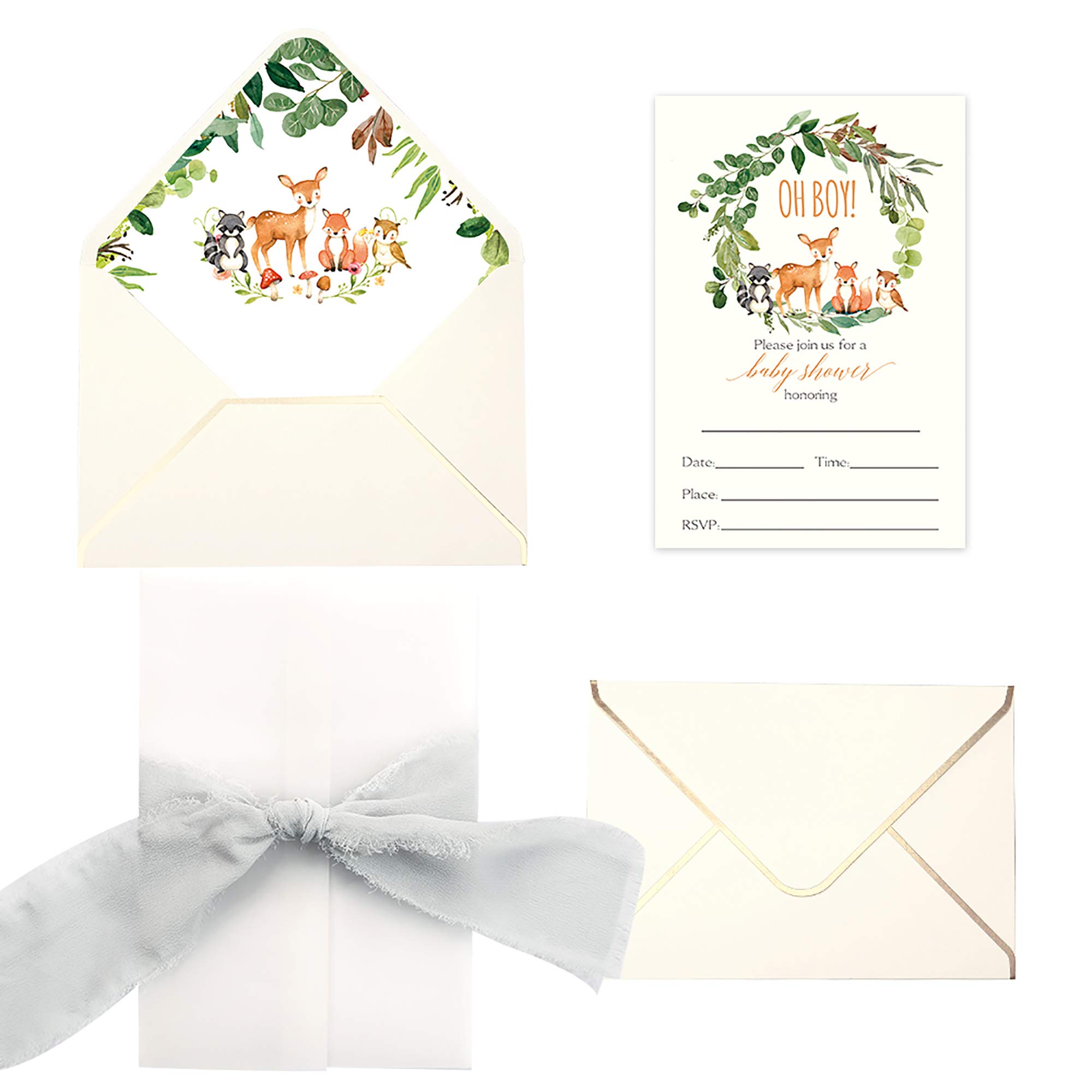 DORIS HOME25pcs Fill in Baby Shower Invitations with Fawns and Fox Design, Gray Chiffon Ribbon and Cream Envelope for Baby Boy