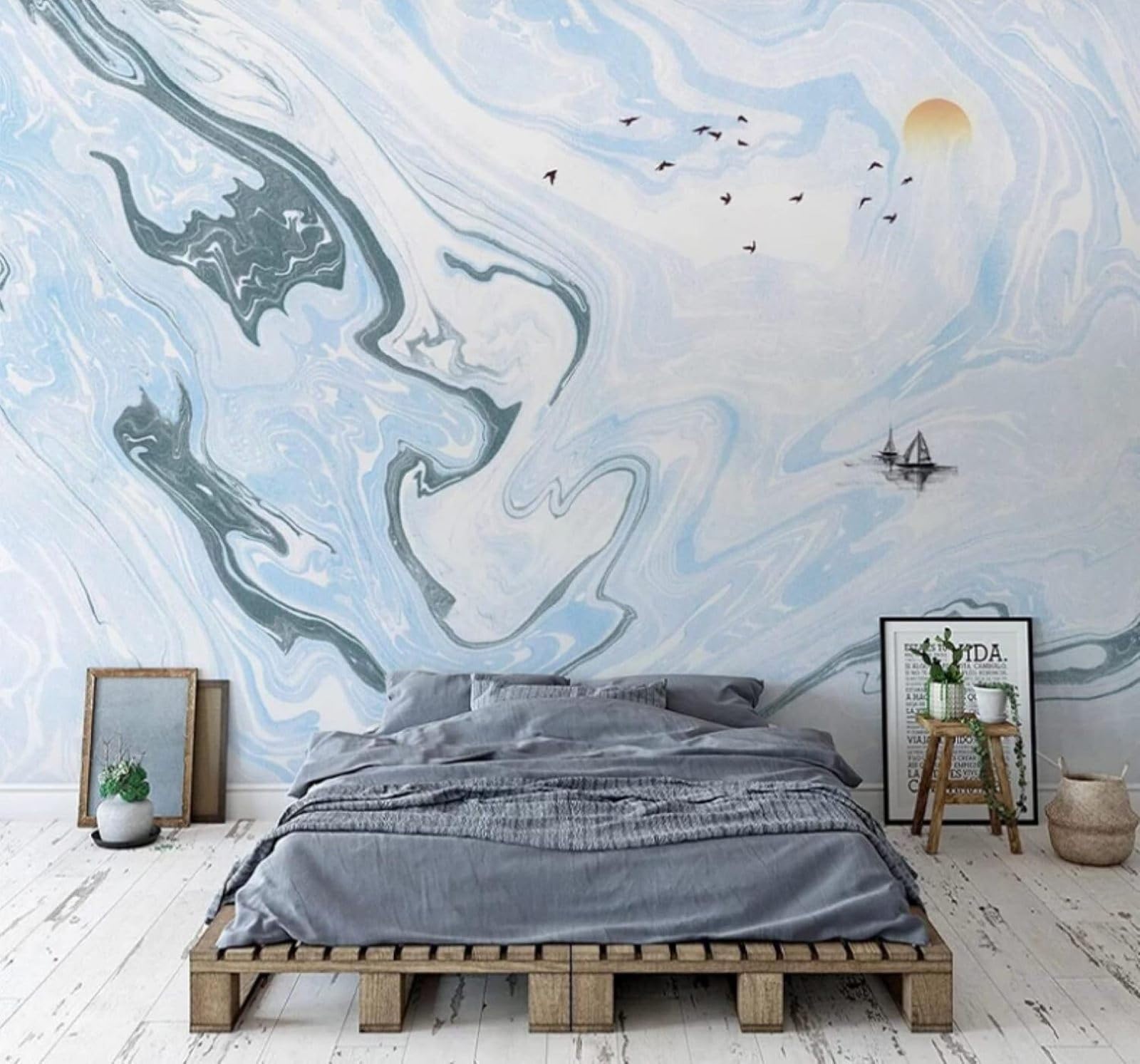 XLMING Abstract Blue Ink Wash Marble Effect Texture 3D Wallpaper Luxury Silk Study Dining Feature Sofa Grey Bedroom Living Room Tv Decorative Wall-350cm×256cm