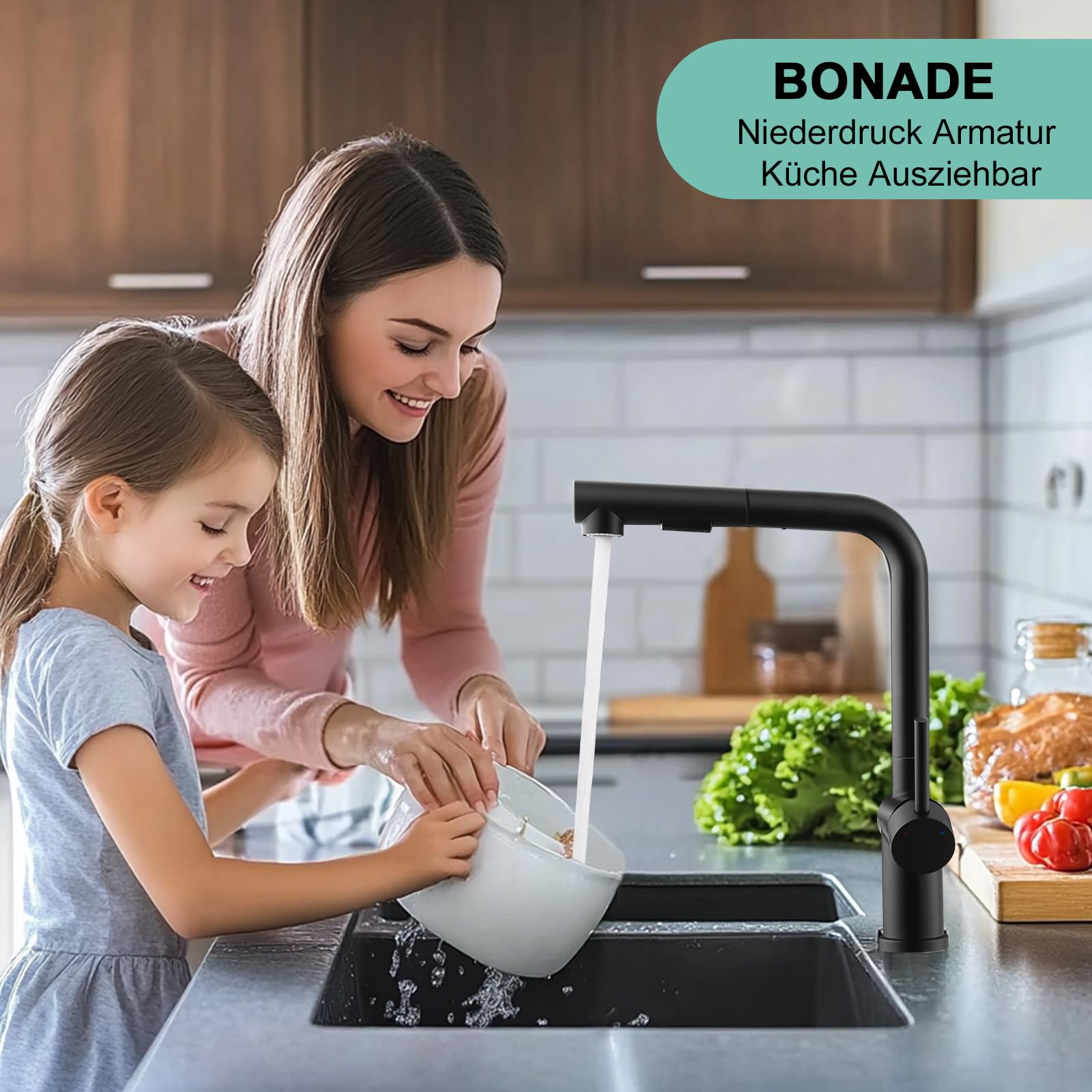 BONADE Niederdruck Armatur Küche, 360° Drehbar Spültischarmatur mit 3 anschluessen für Boiler, Wasserhahn Küche Ausziehbare Brause mit 2 Strahlarten, Edelstahl Mischbatterie Wasserhahn Küche Schwarz