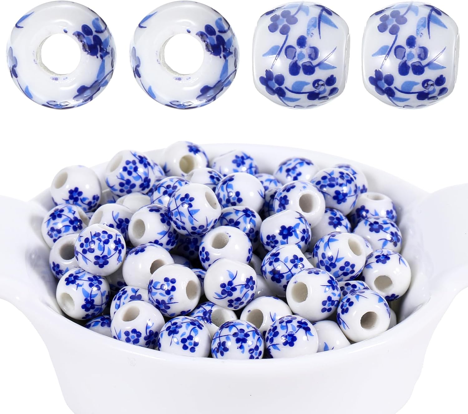 100Pcs Round Ceramic Beads, 8mm Blue Flower Beads, Handmade Porcelain Flower Round Bead Spacer Bead Craft Beading Kit for Jewelry Making and DIY Crafts