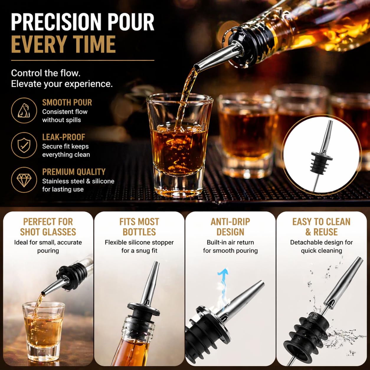 YAYODS 36 bicchieri da liquore da 45 ml, lavabili in lavastoviglie, riutilizzabili con 4 beccucci in acciaio inox, per liquori alle erbe, bismarck, vodka, tequila