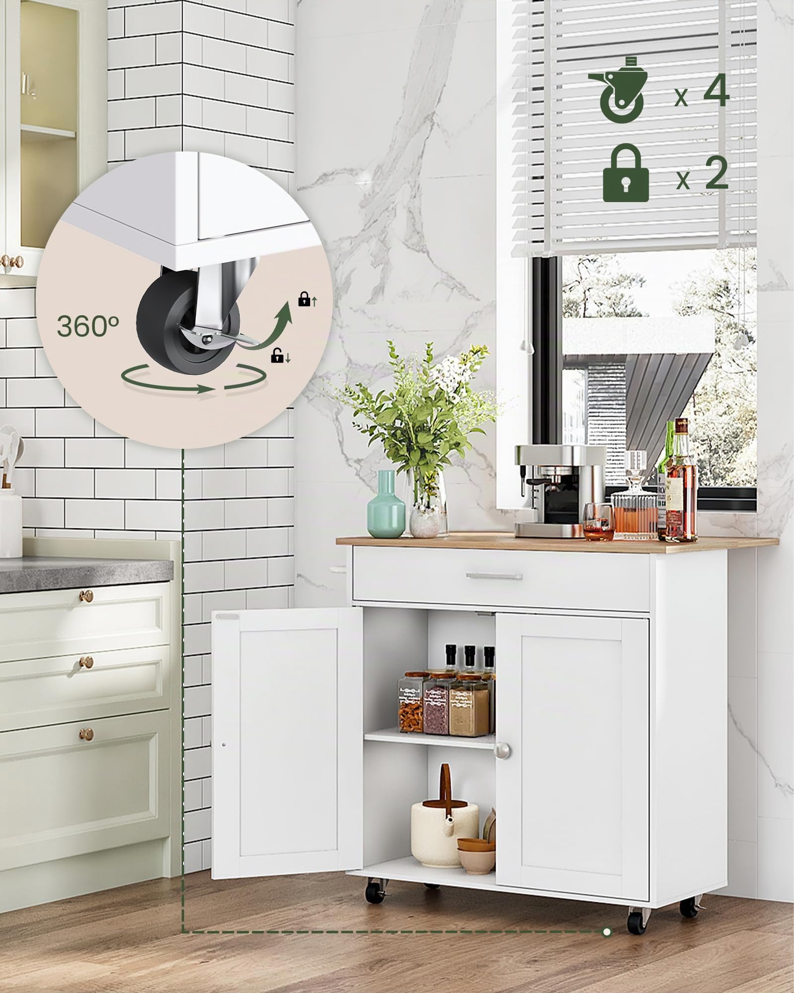 CHOEZON DMZD01WN - Desserte de cuisine avec compartiment de rangement, avec roulettes et chariots de cuisine avec plan de travail, double porte, table rabattable, meuble, couleur blanc naturel